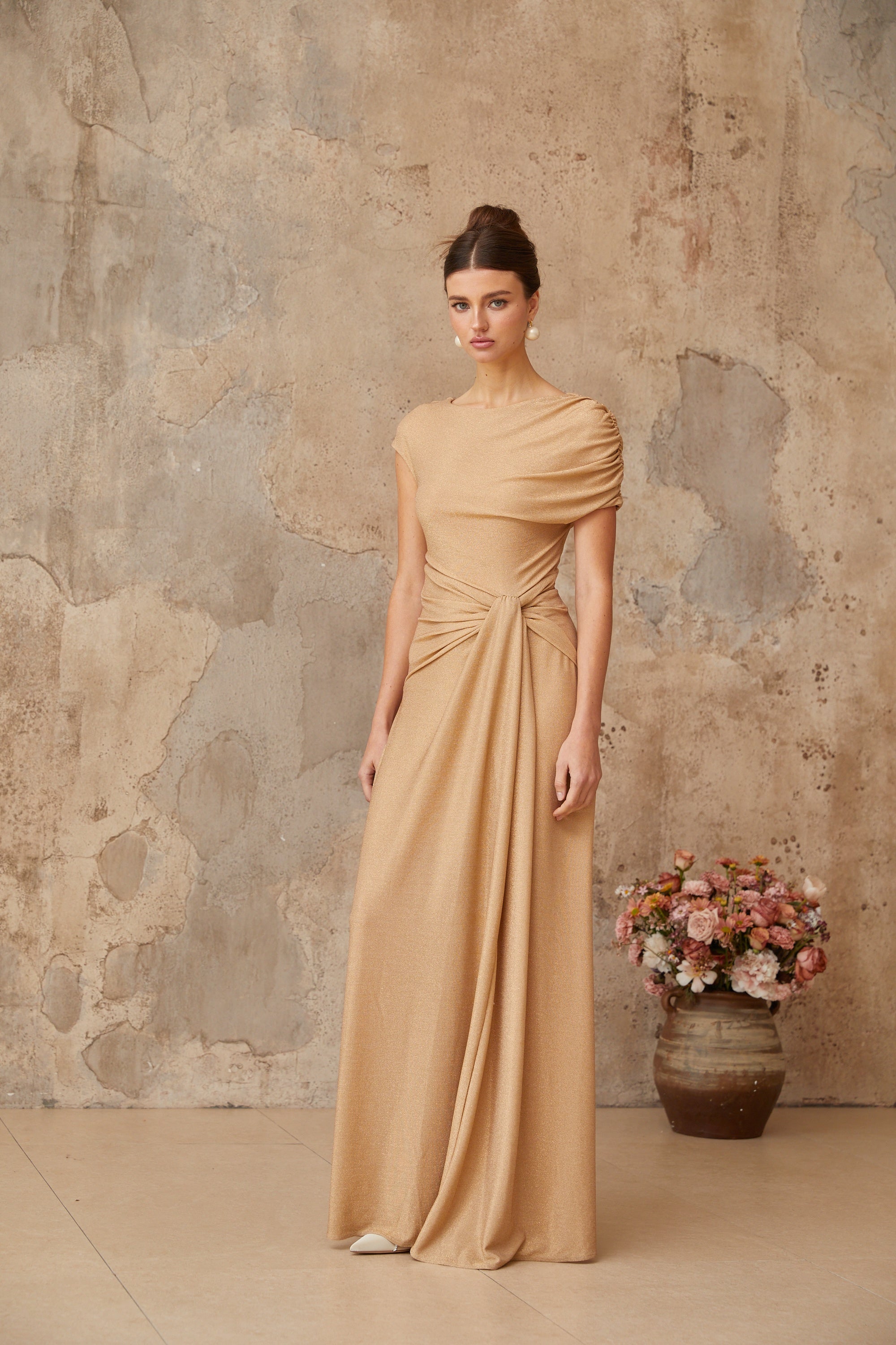 Rosalie gold asymmetrical pleated maxi dress (Final Sale-US Only)