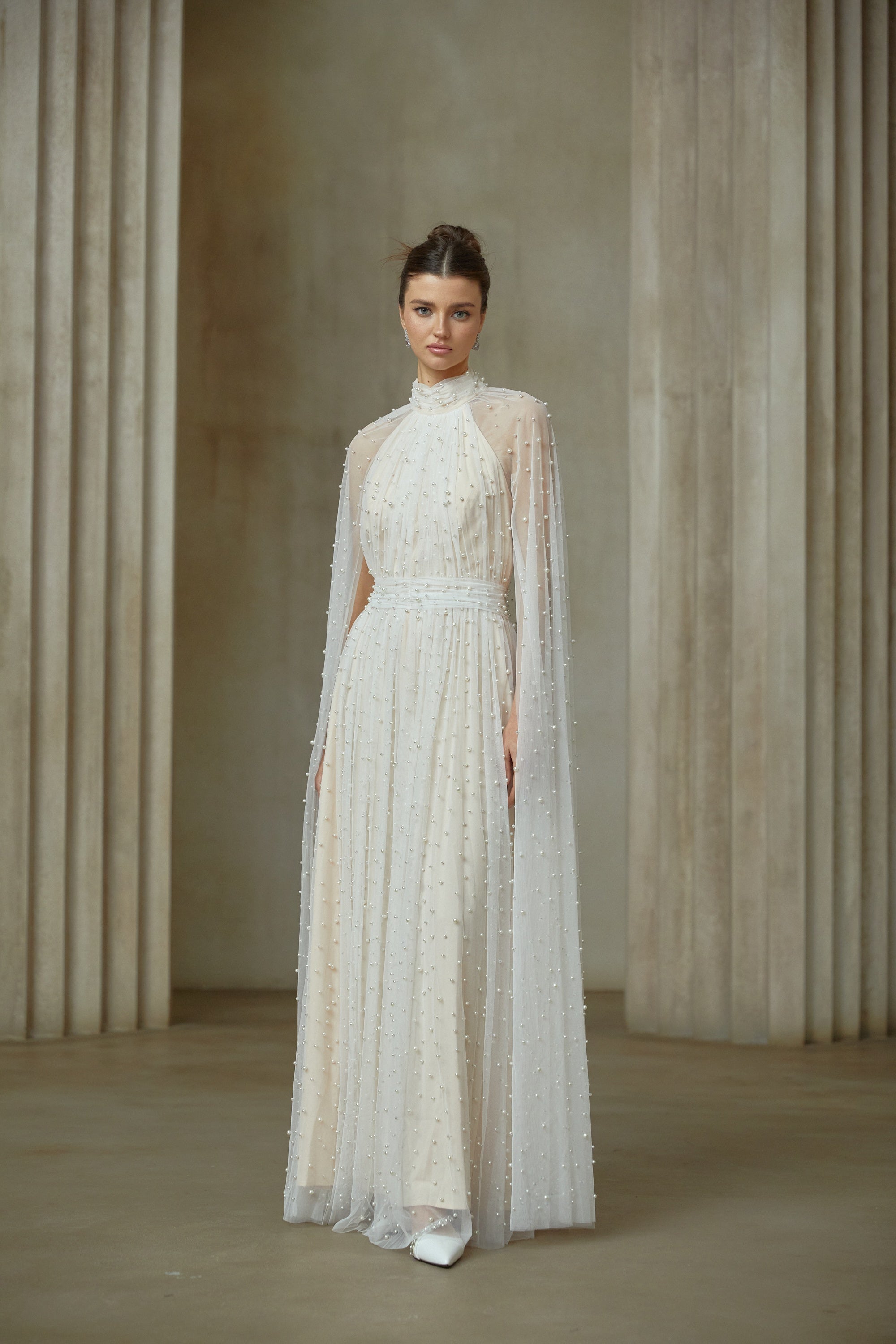 Louane white cape-design embellished tulle maxi dress (Final Sale-US Only)