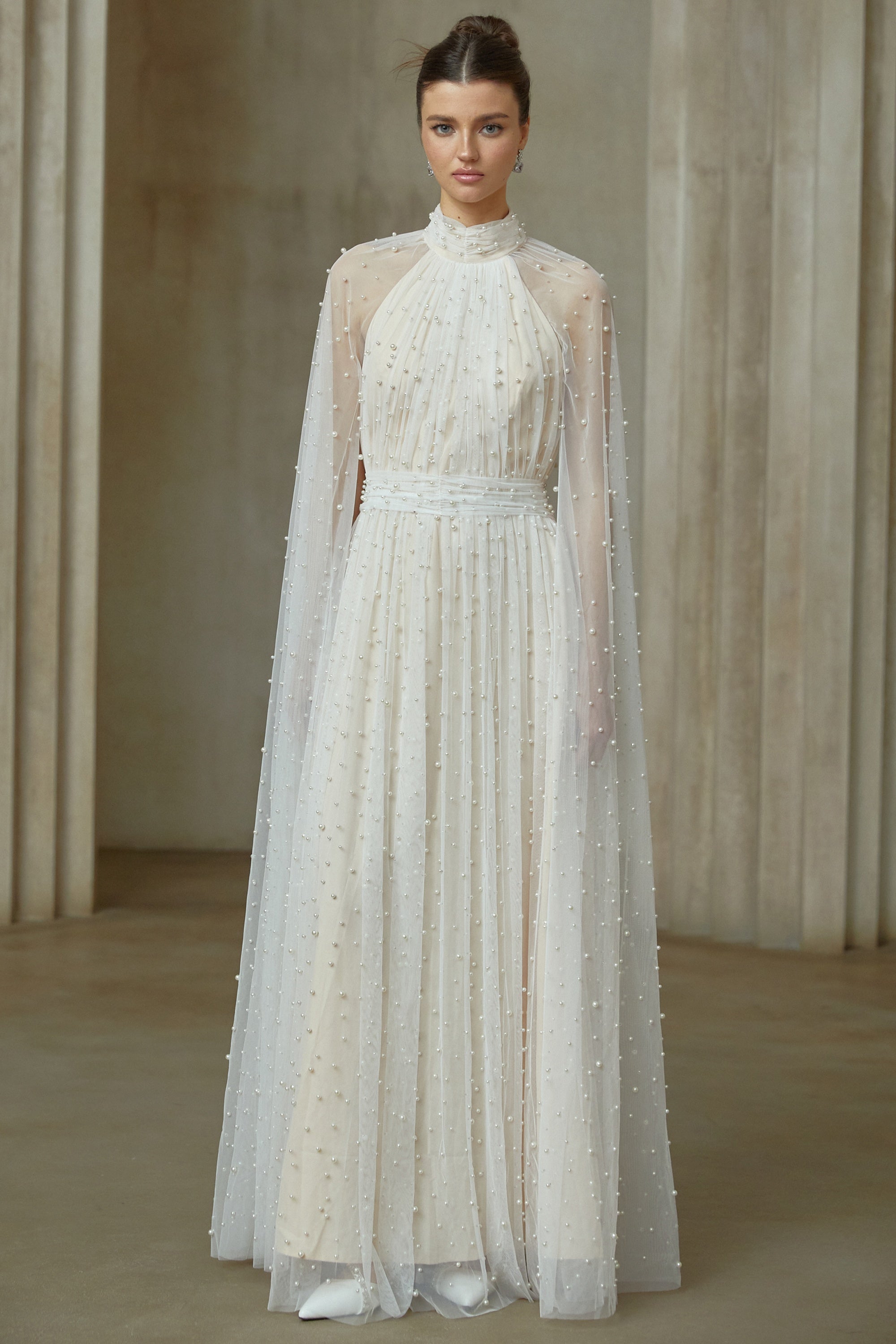 Louane white cape-design embellished tulle maxi dress (Final Sale-US Only)