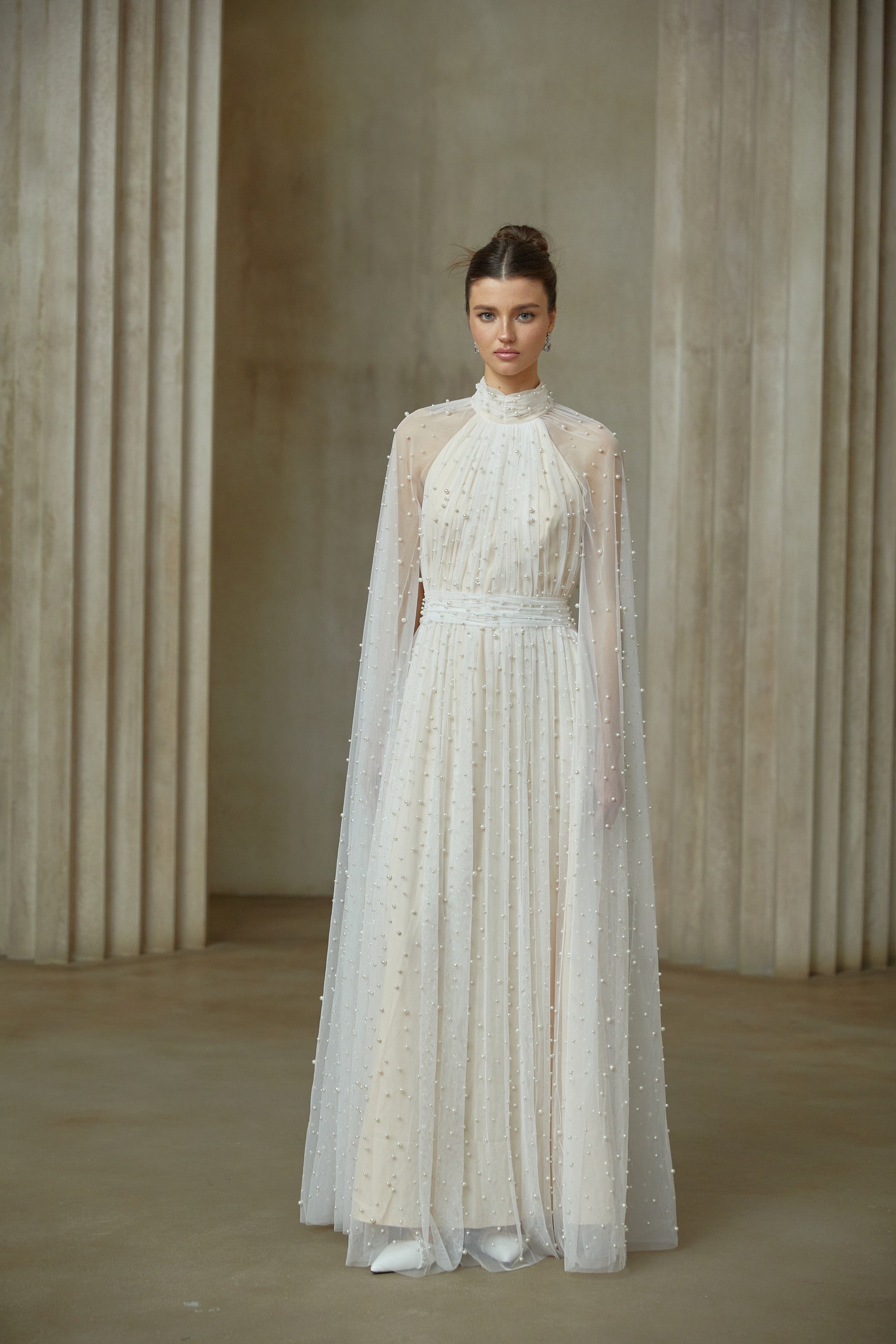 Louane white cape-design embellished tulle maxi dress (Final Sale-US Only)