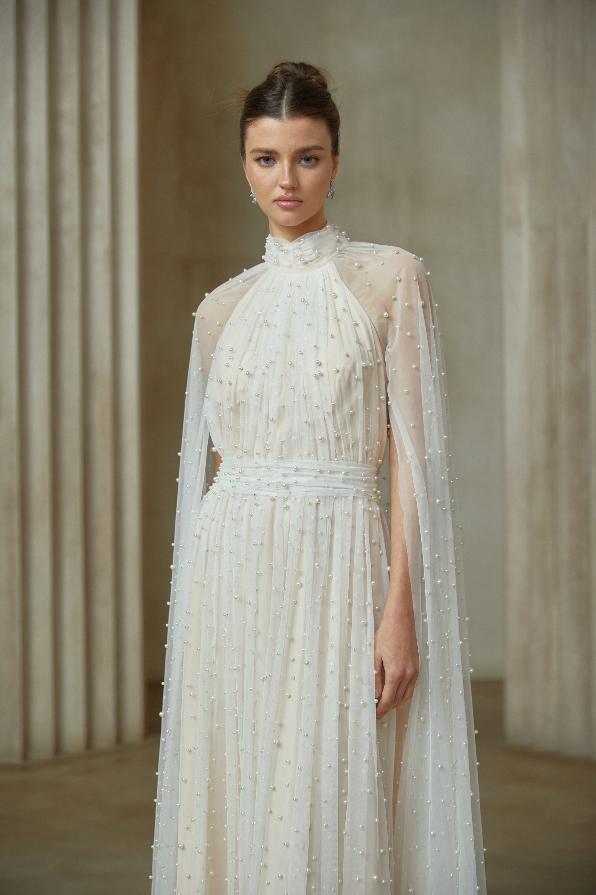 Louane white cape-design embellished tulle maxi dress (Final Sale-US Only)