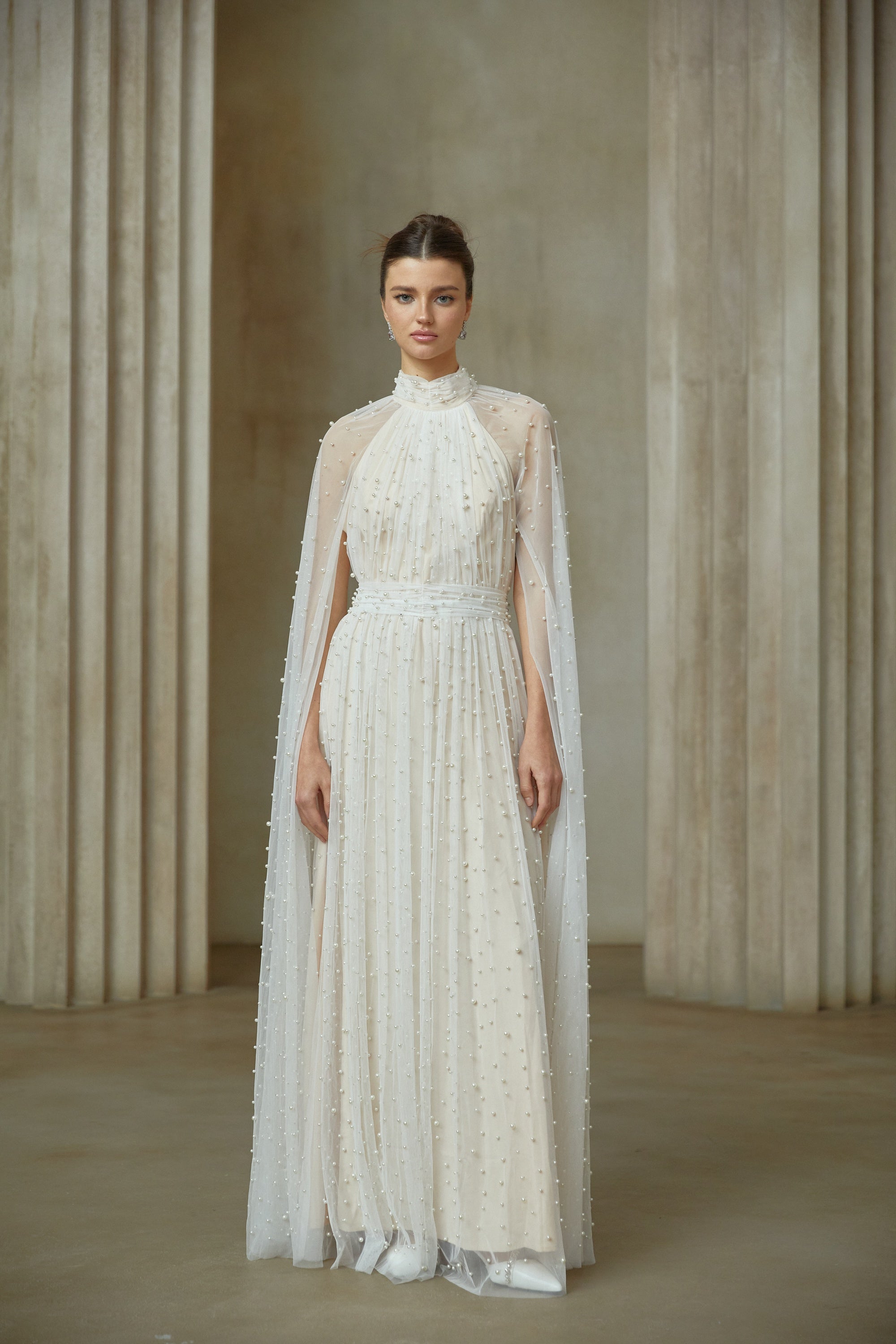 Louane white cape-design embellished tulle maxi dress (Final Sale-US Only)