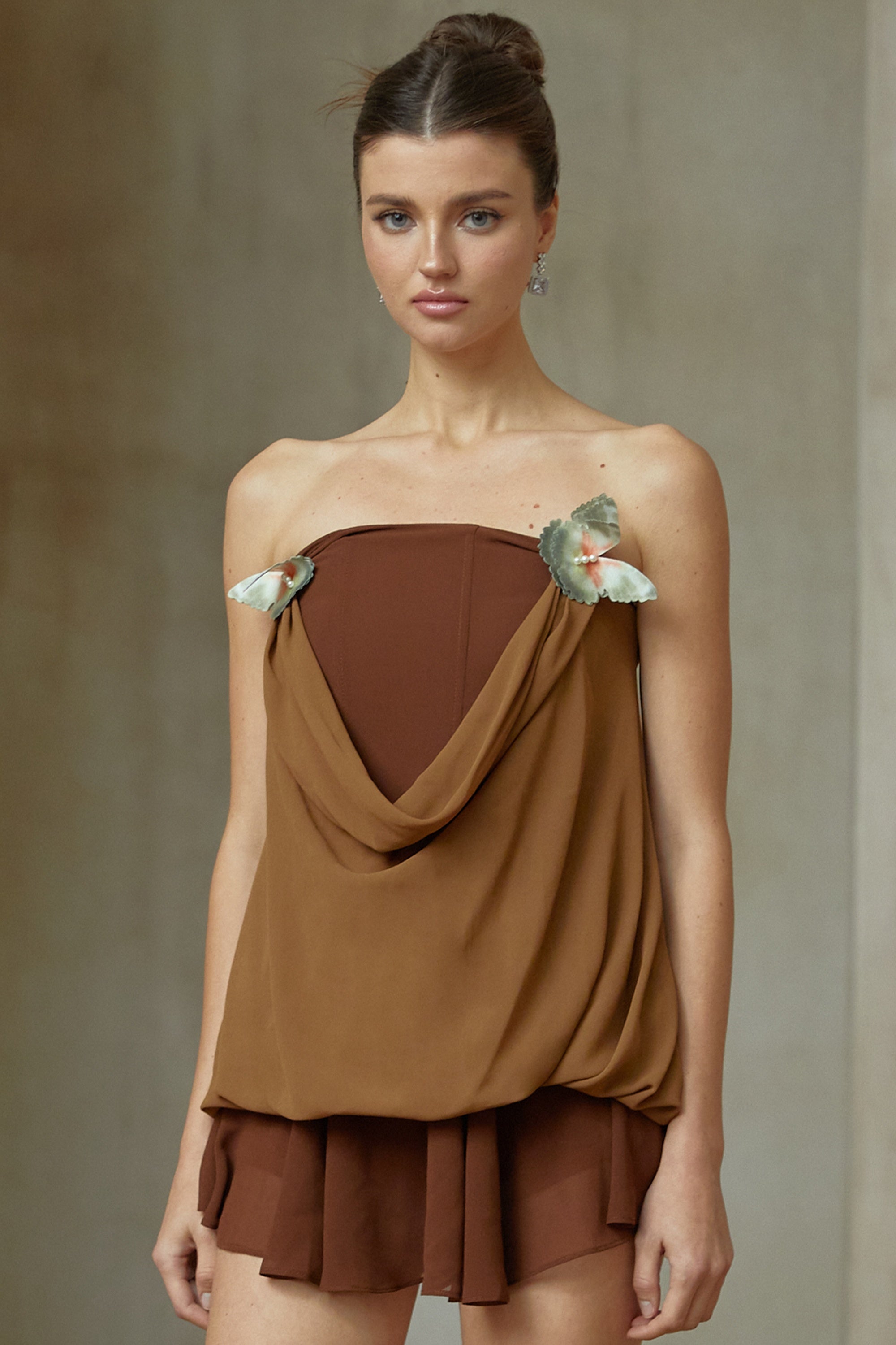 Vanessa brown butterfly-pin panelled top & skirt matching set (Final Sale-US Only)