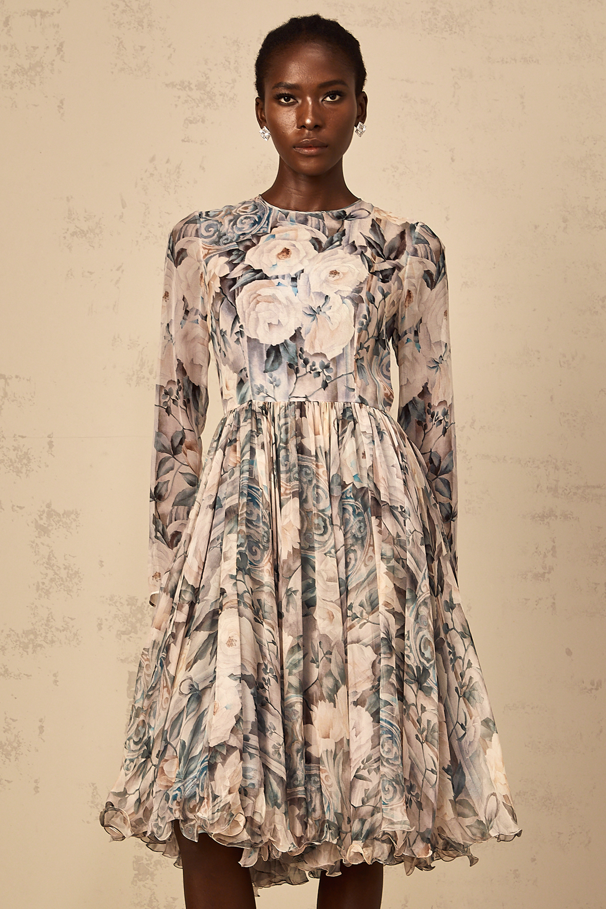 Mélanie Floral Print Pleated Chiffon Midi Dress (Final Sale)