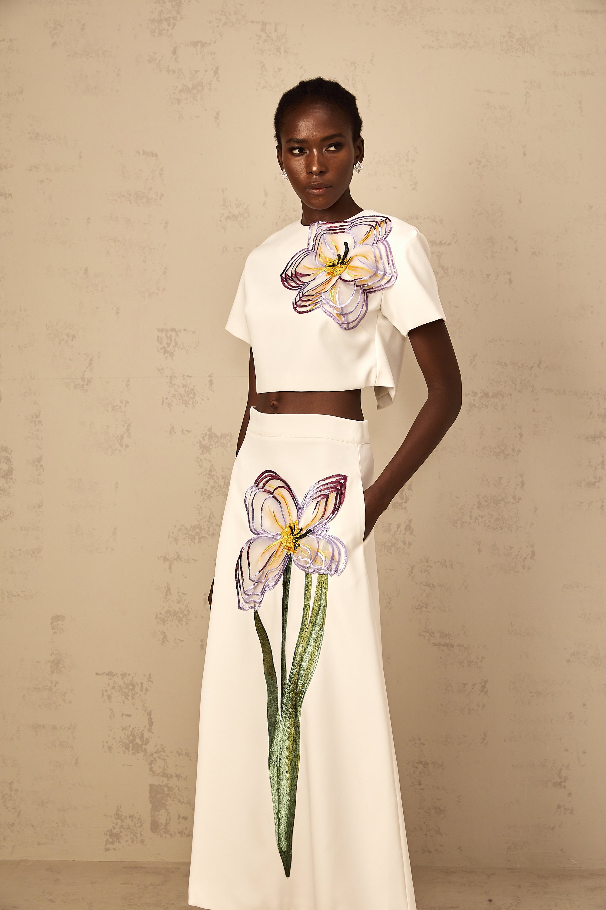 Irène White Sequin Floral Embroidered Matching Set