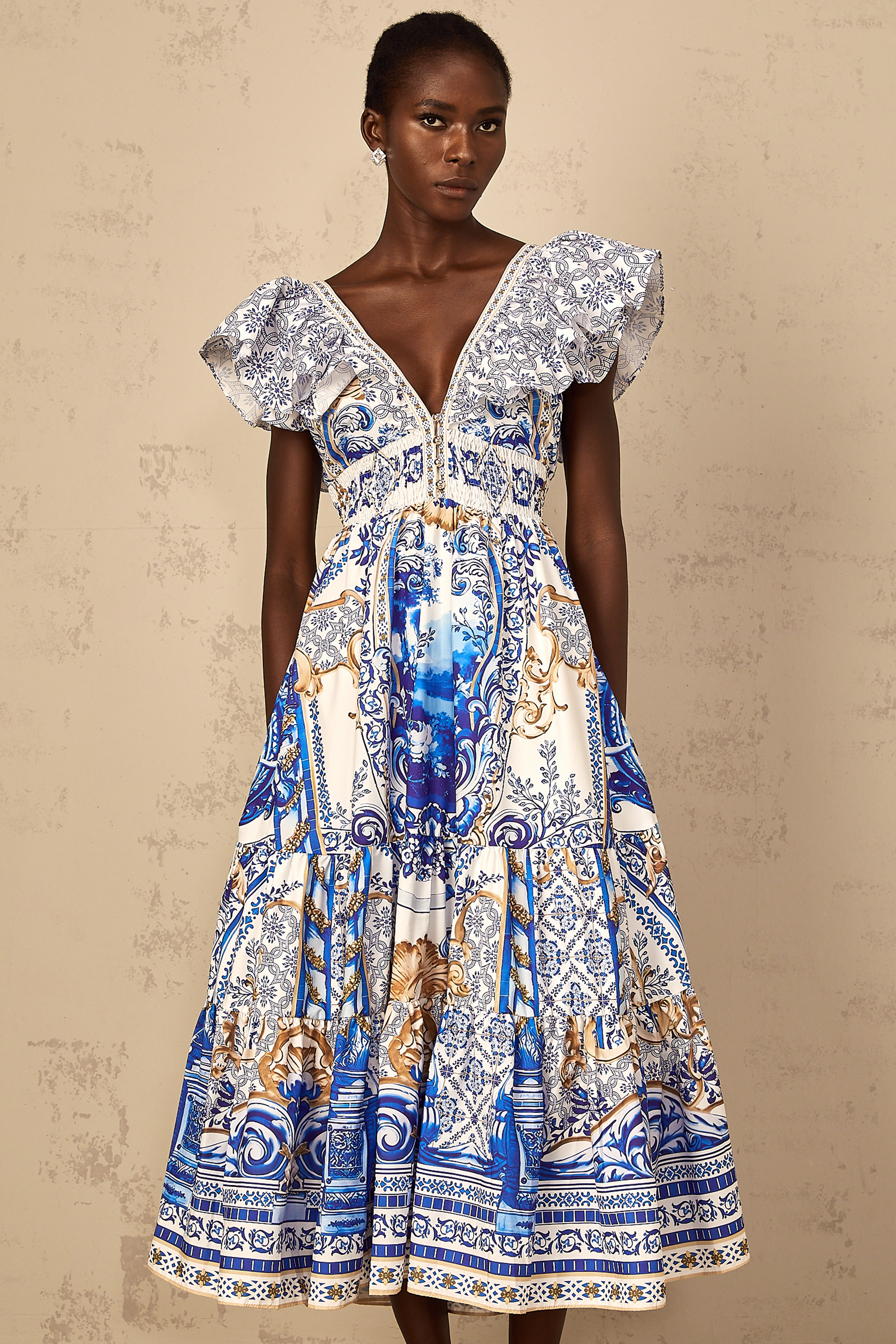 Calliopée Blue Baroque Print Tiered Midi Dress (Final Sale-US Only)