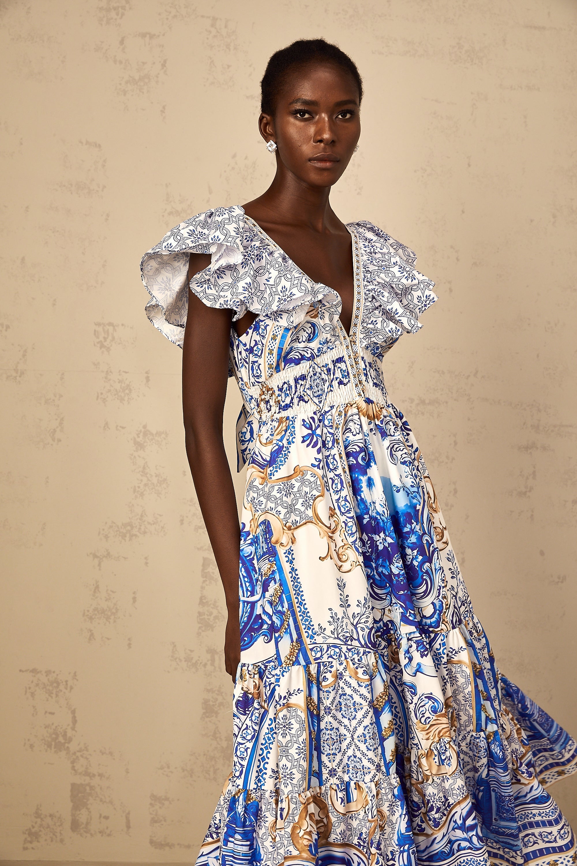 Calliopée Blue Baroque Print Tiered Midi Dress (Final Sale-US Only)