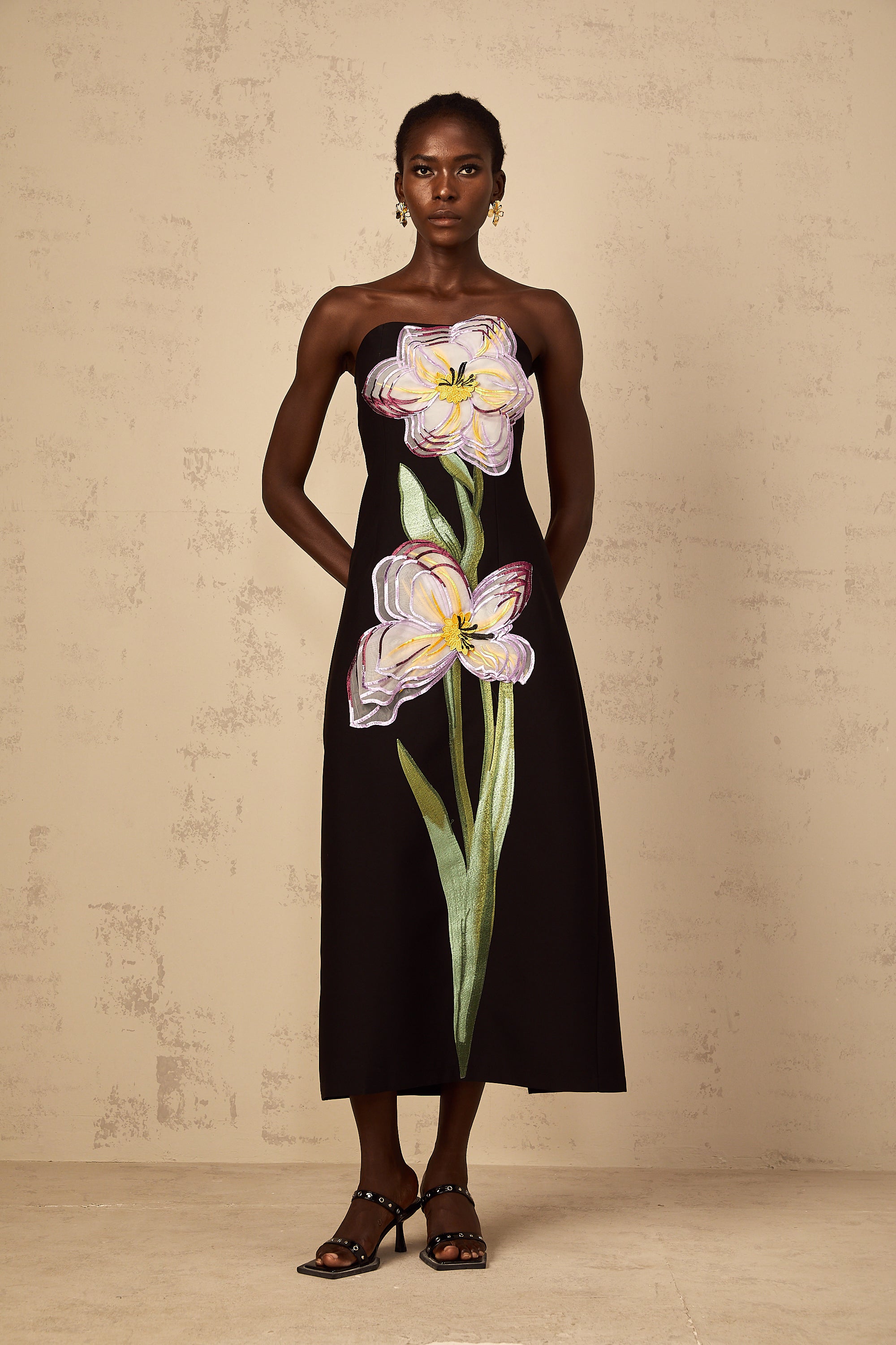 Irène Sequin Embroidered Off-Shoulder Midi Dress in Black (Final Sale-US Only)