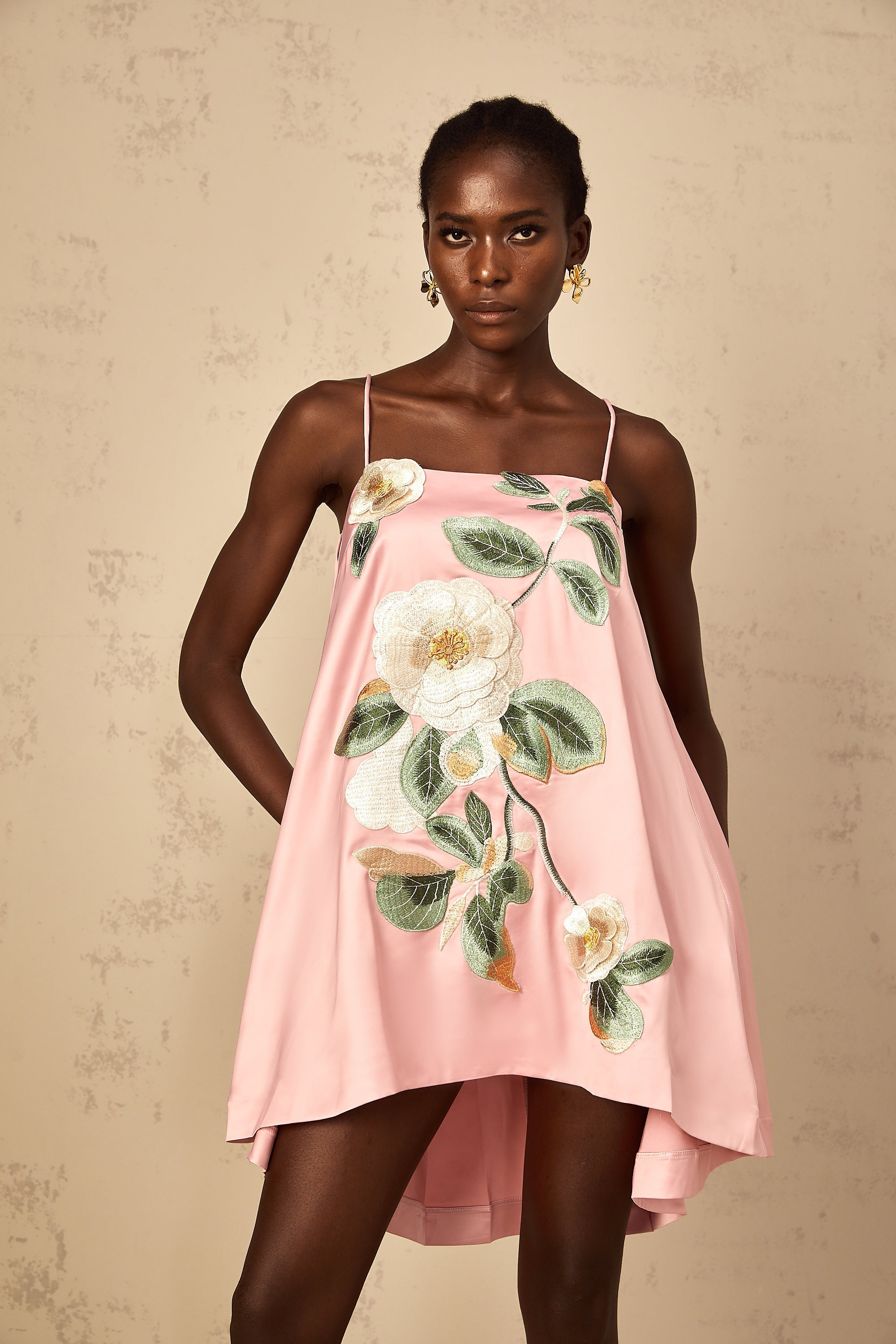 Avril Pink Floral Embroidered Satin Mini Dress