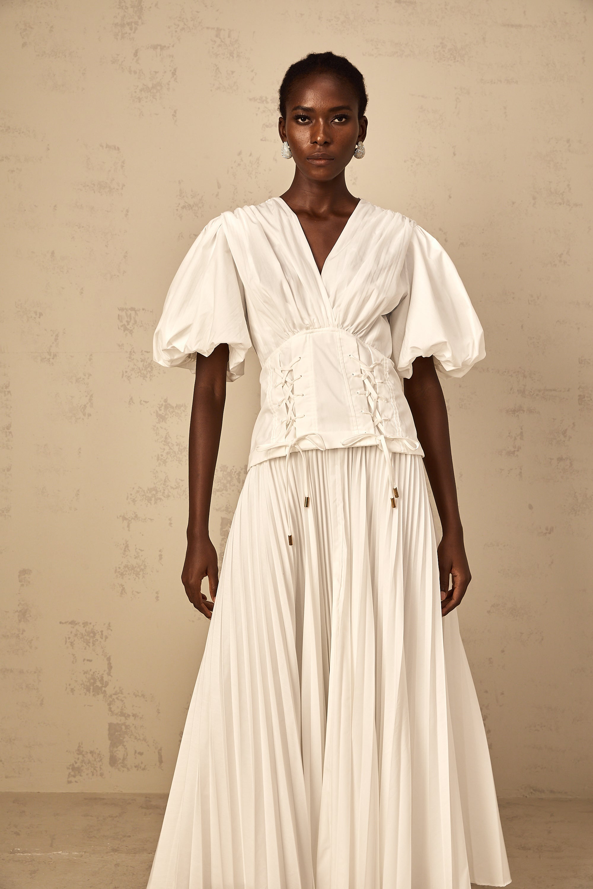 Vienne White Lace-Up Pleated Maxi Dress