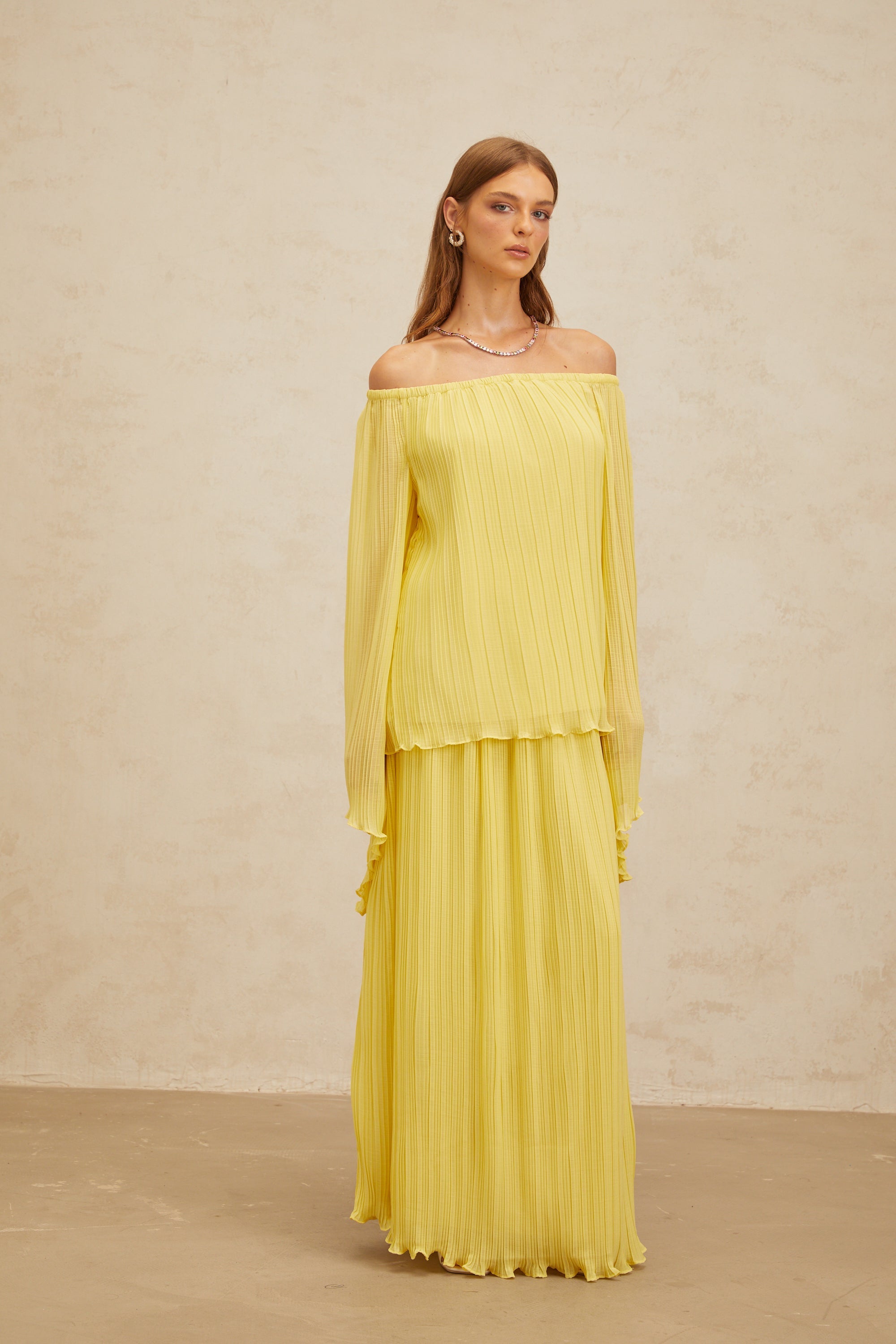 Yseult Yellow Pleated Casual Blouse & Skirt Set (Final Sale)