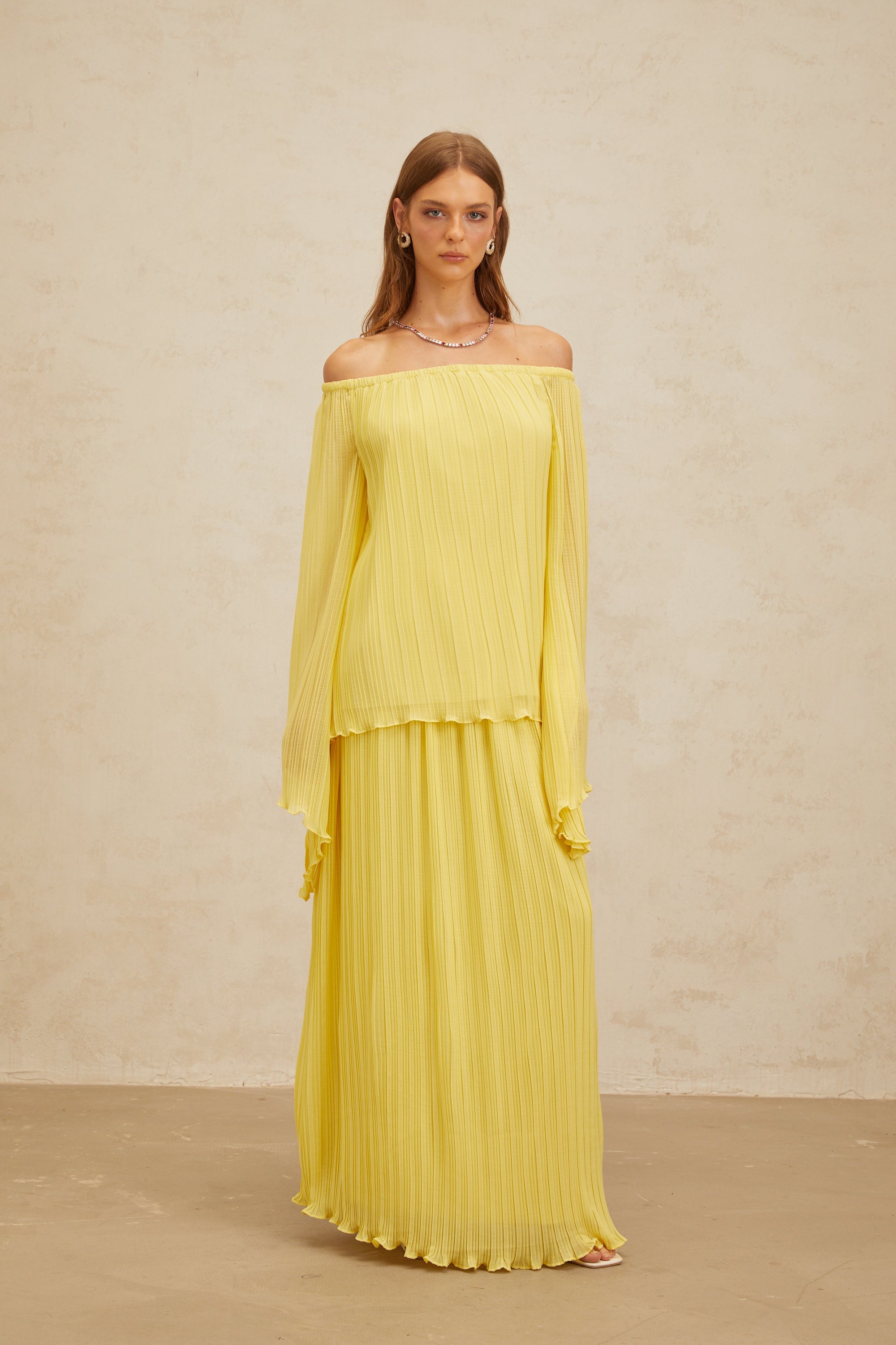 Yseult Yellow Pleated Casual Blouse & Skirt Set (Final Sale)