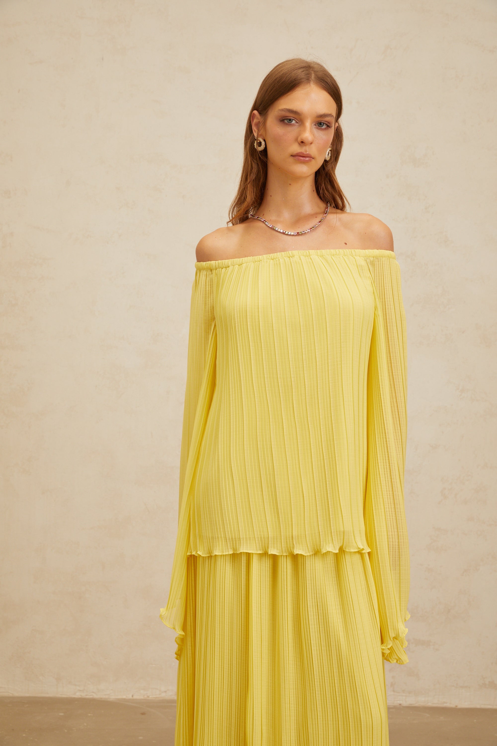 Yseult Yellow Pleated Casual Blouse & Skirt Set (Final Sale)