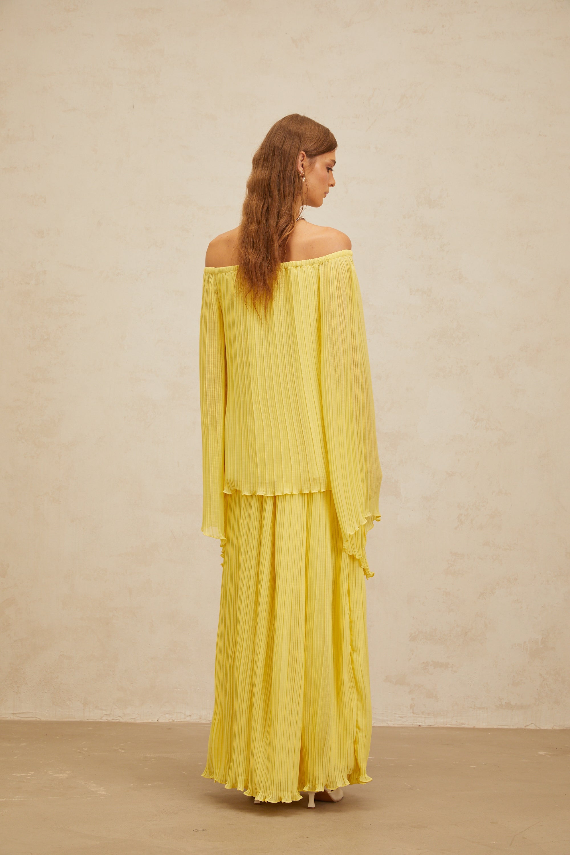 Yseult Yellow Pleated Casual Blouse & Skirt Set (Final Sale)