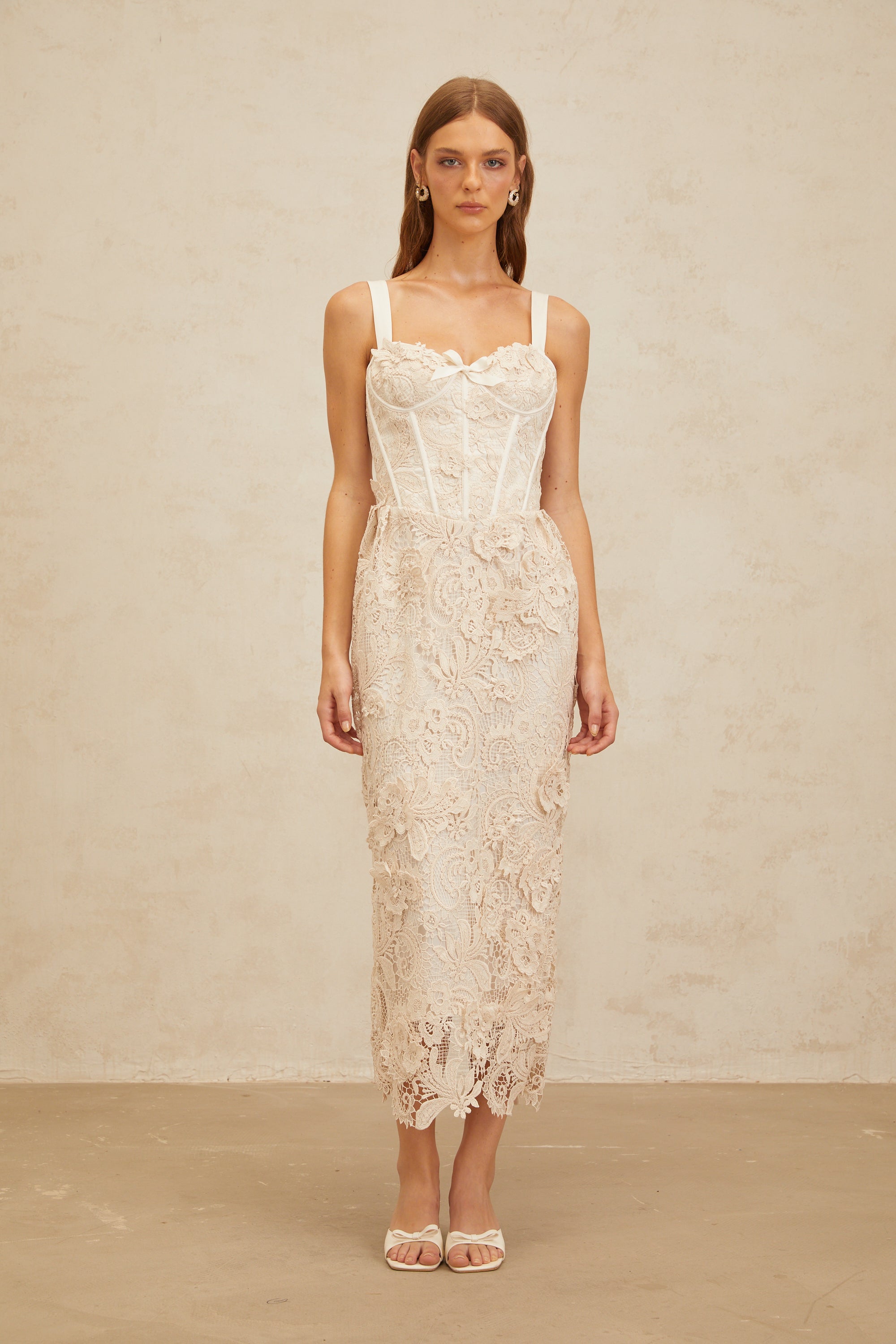 Irène Neutral Corded Lace Corset Midi Dress (Final Sale)