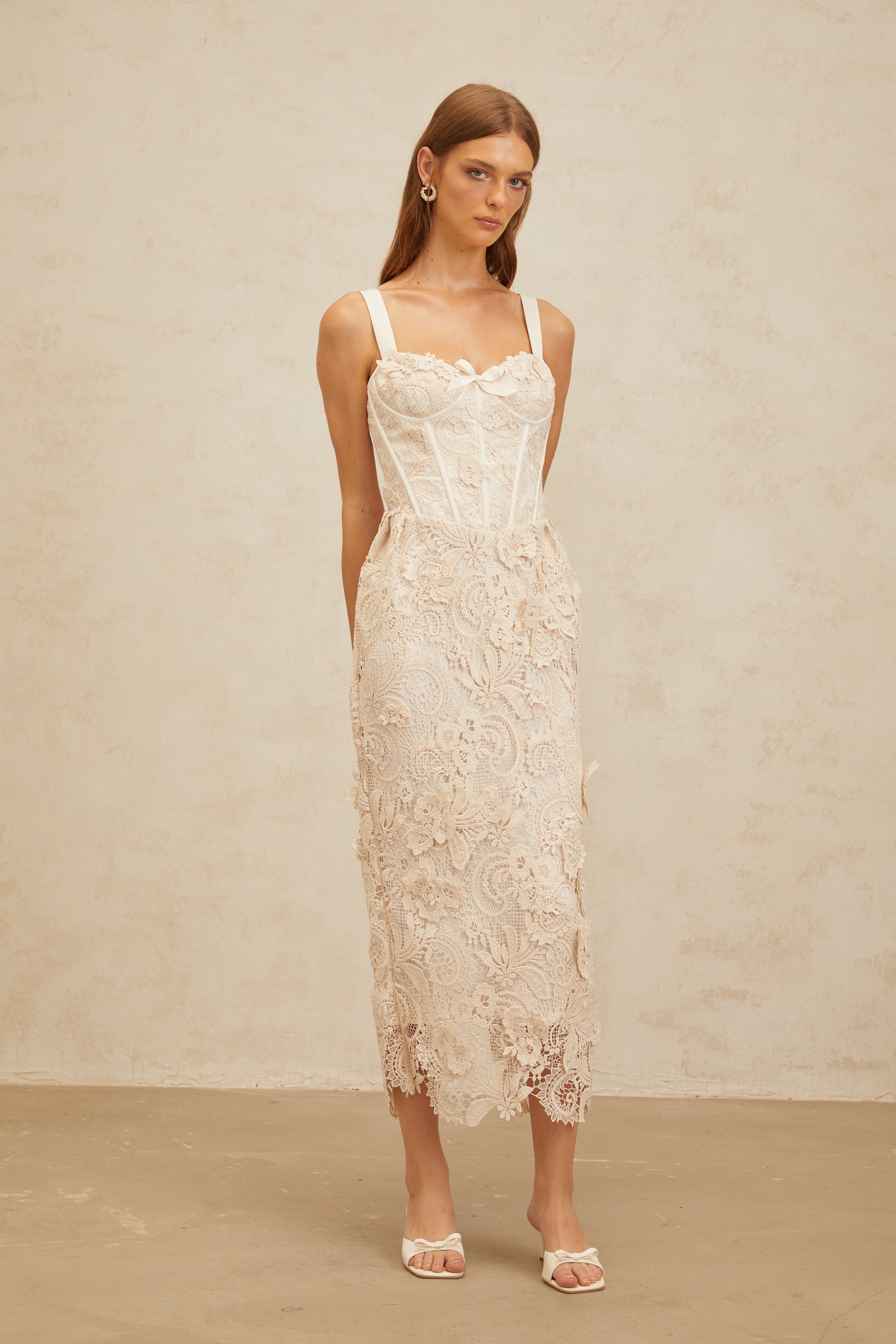 Irène Neutral Corded Lace Corset Midi Dress (Final Sale)