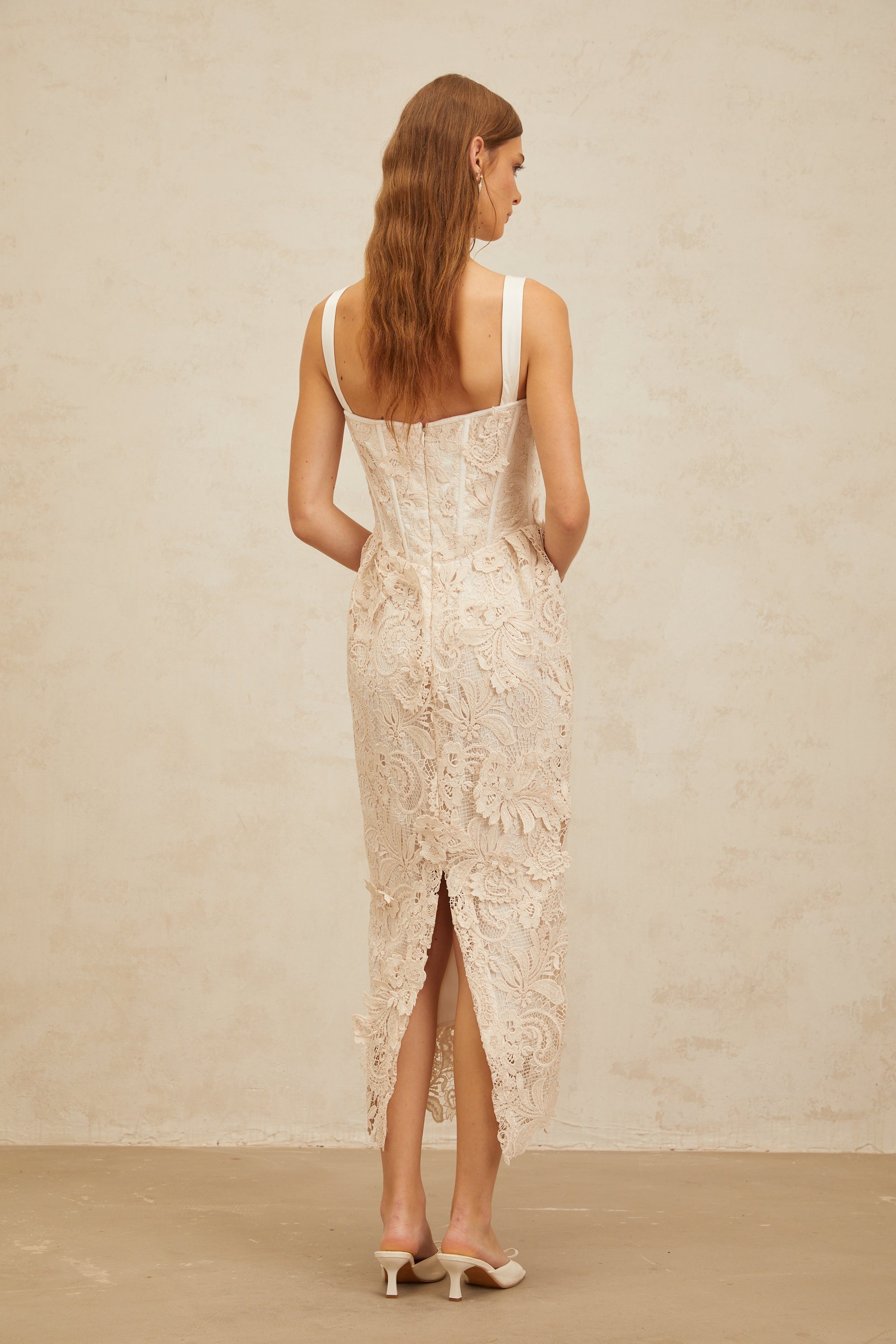 Irène Neutral Corded Lace Corset Midi Dress (Final Sale)