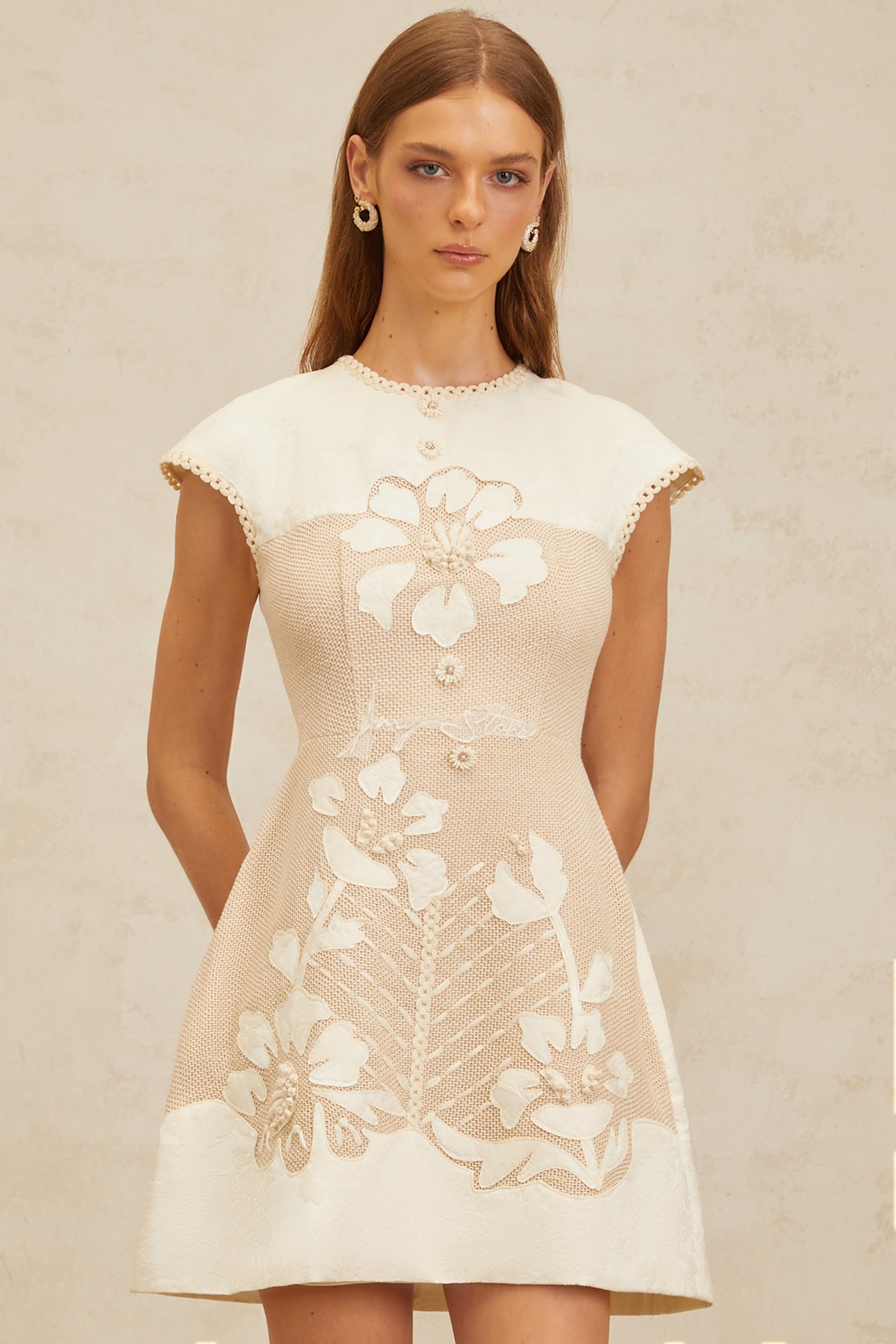 Manon Neutral Floral Embroidered Crochet Mini Dress (Final Sale)