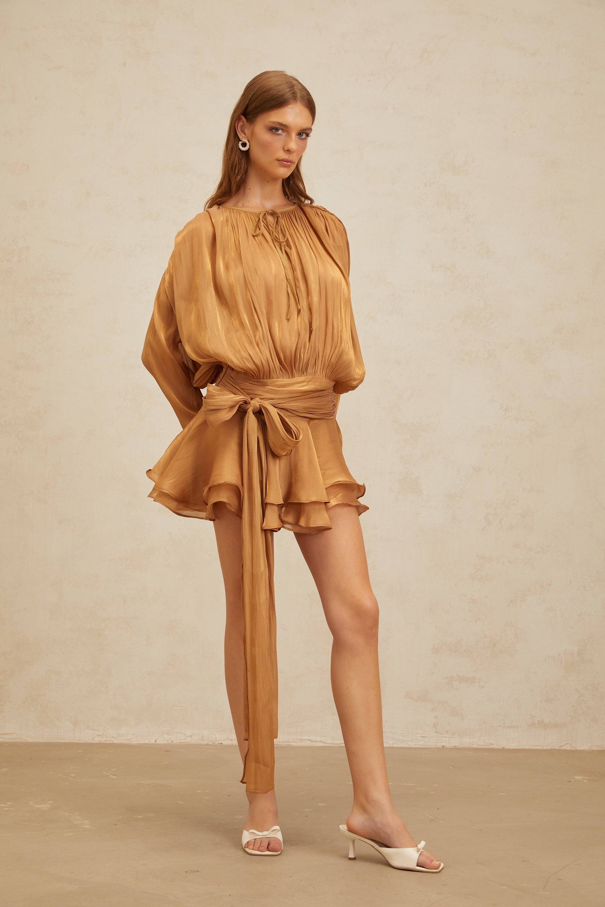 Eugénie Gold Fully Pleated Ruffled Mini Dress (Final Sale)
