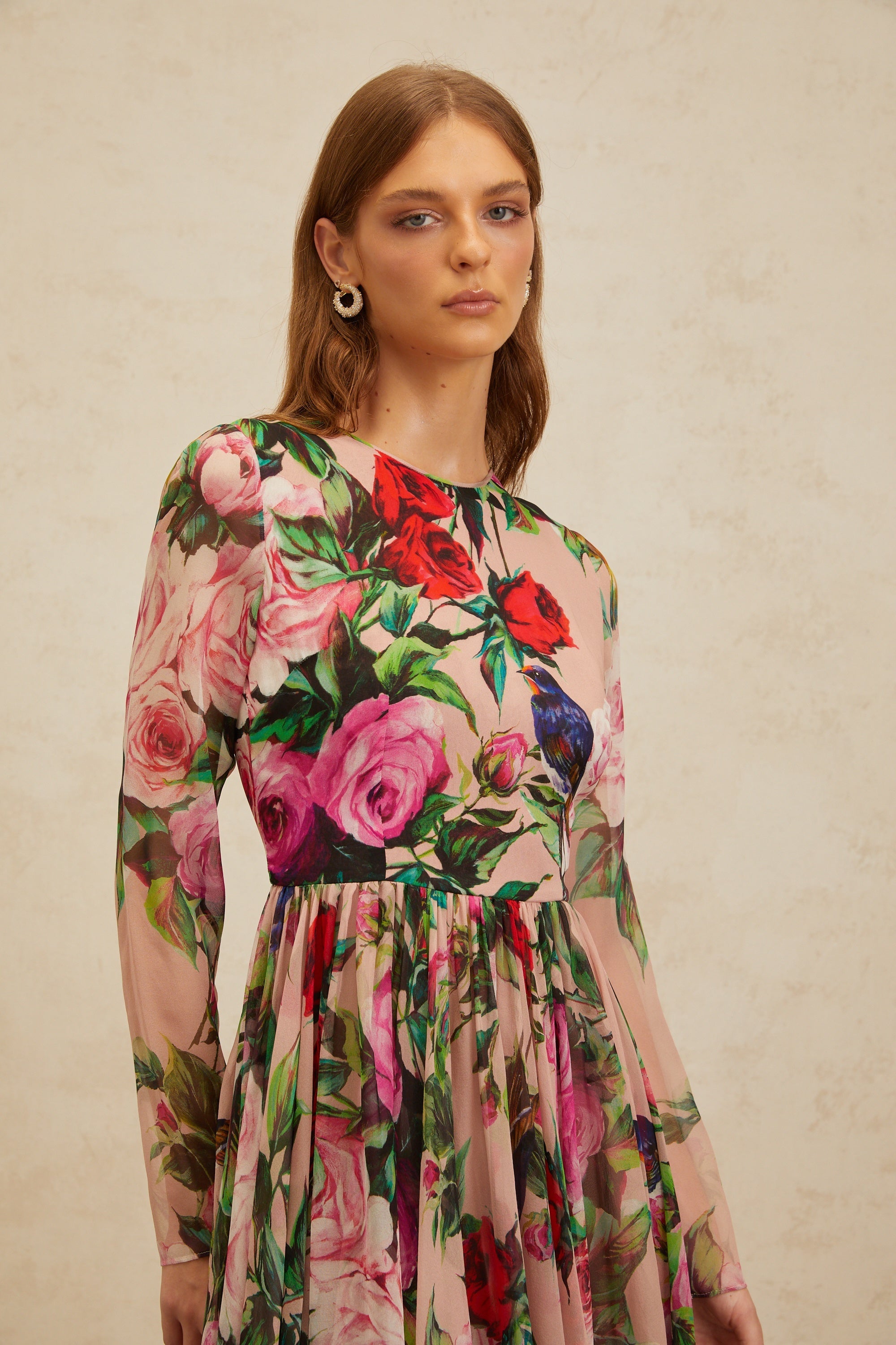 Coralie Pink Rose Print Summer Silk Midi Dress (Final Sale)