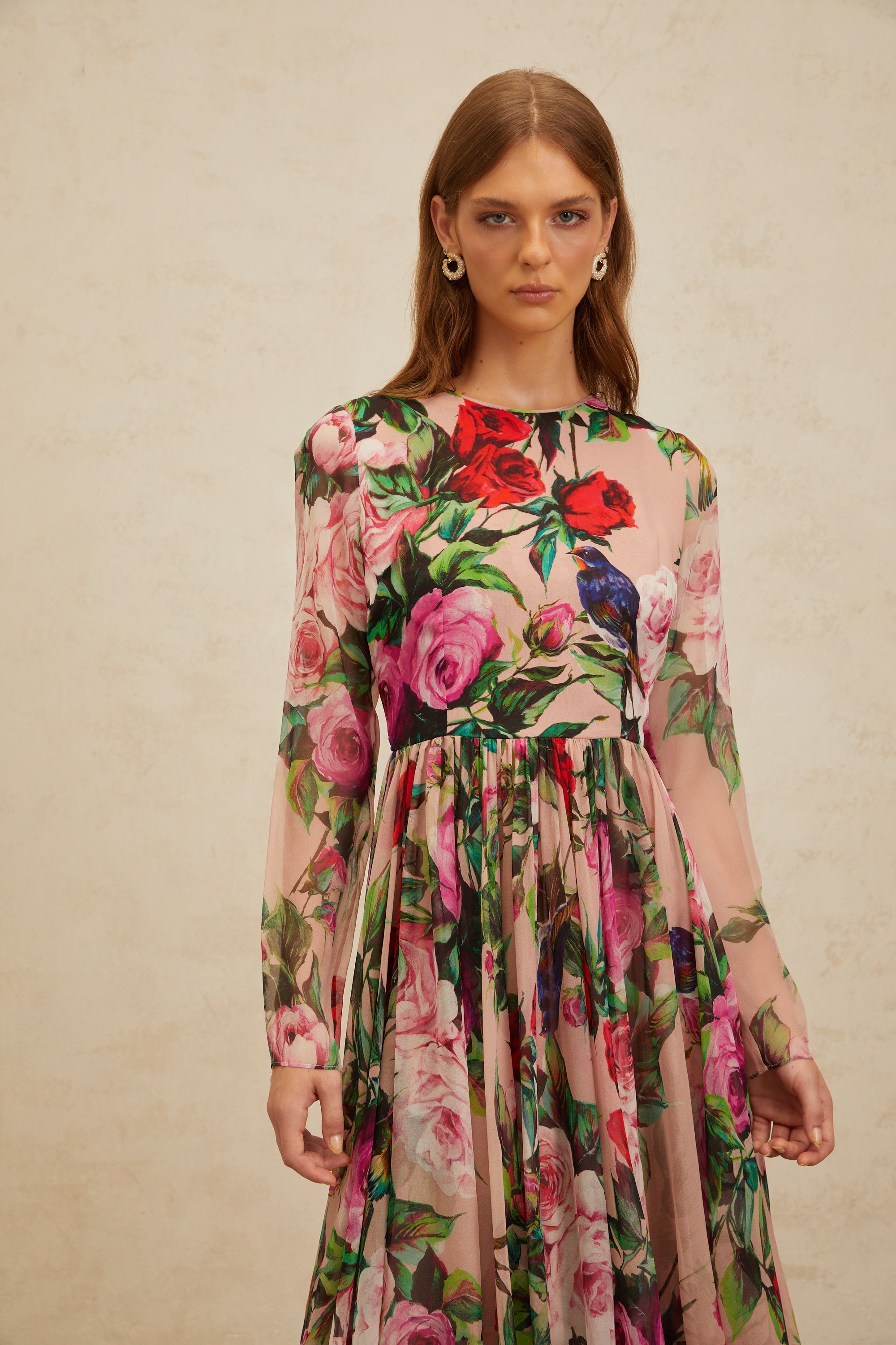 Coralie Pink Rose Print Summer Silk Midi Dress (Final Sale)