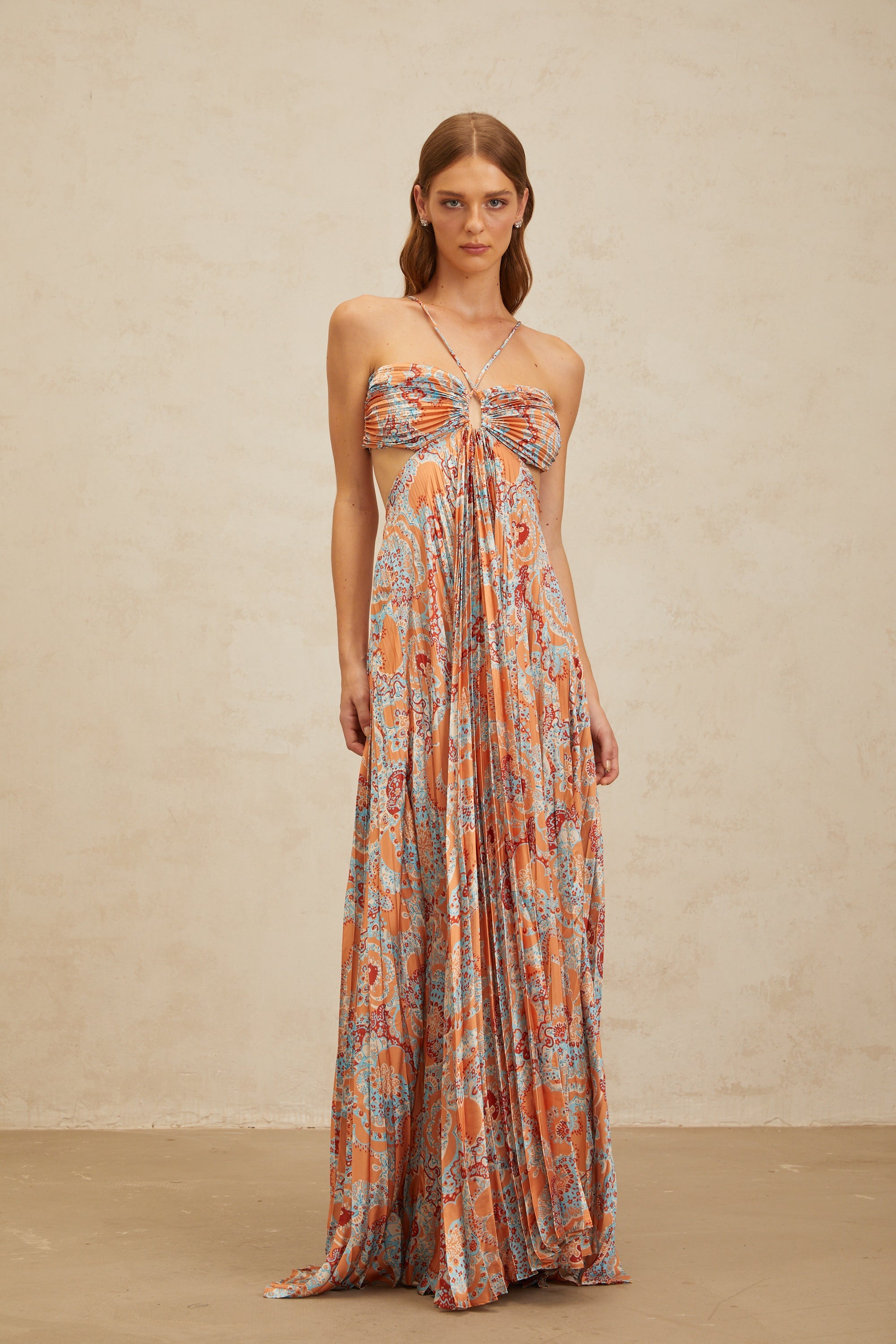 Andréa Orange Floral Print Pleated Maxi Dress with Cutout Detail (Final Sale)