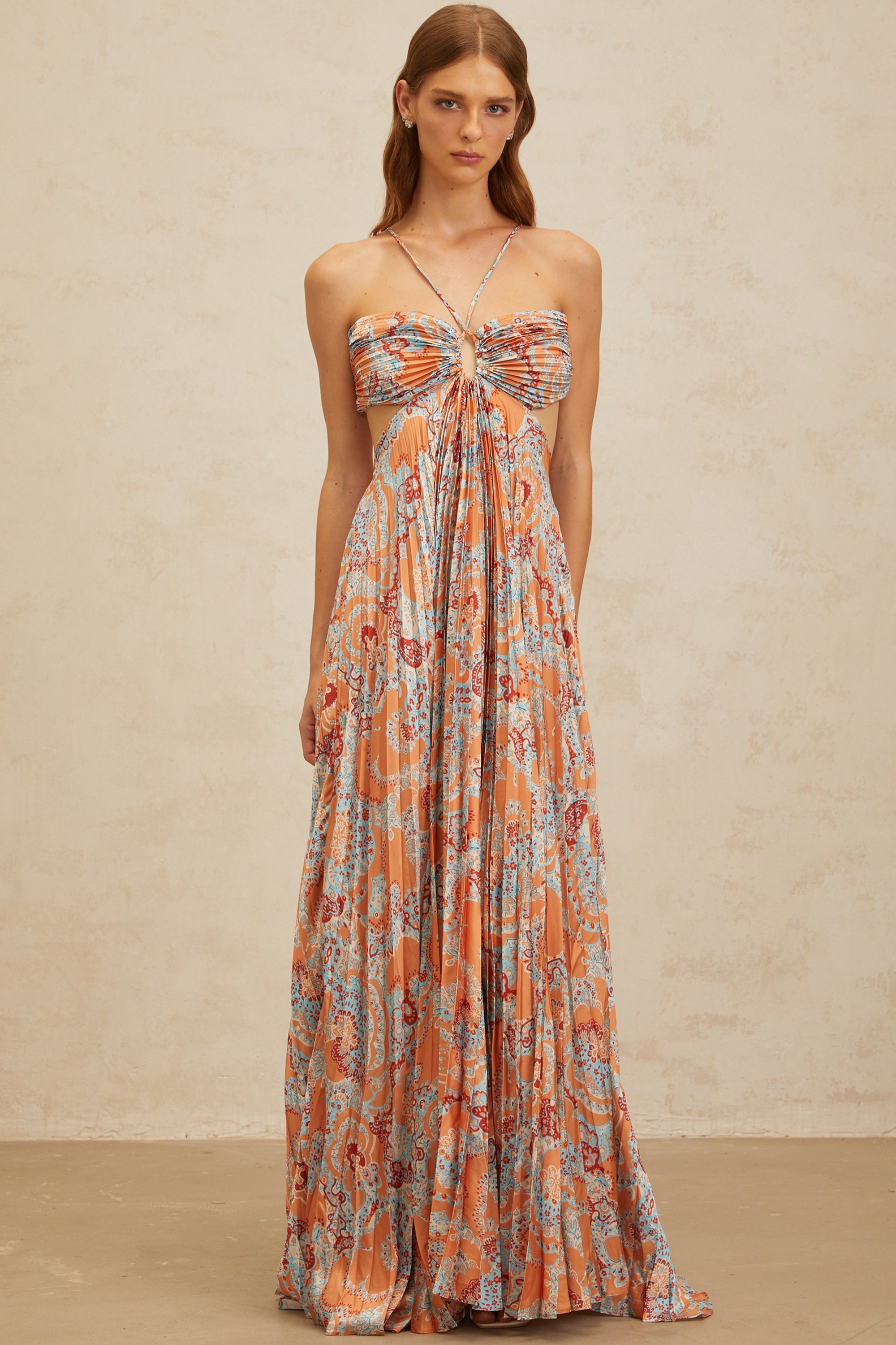 Andréa Orange Floral Print Pleated Maxi Dress with Cutout Detail (Final Sale)