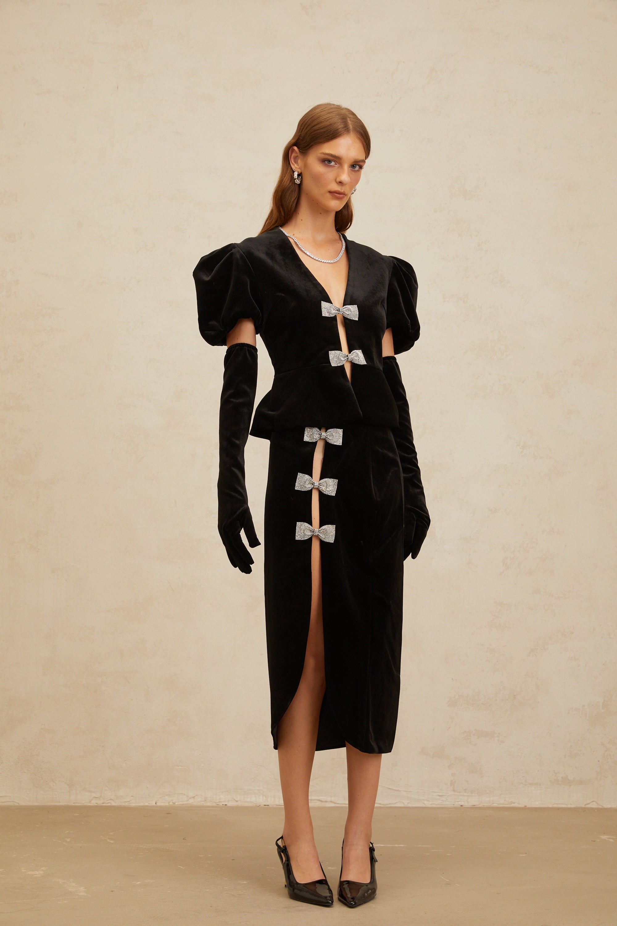 Adèle Black Bowknot Cut-Out Velvet Top & Skirt Matching Set (Final Sale-US Only)