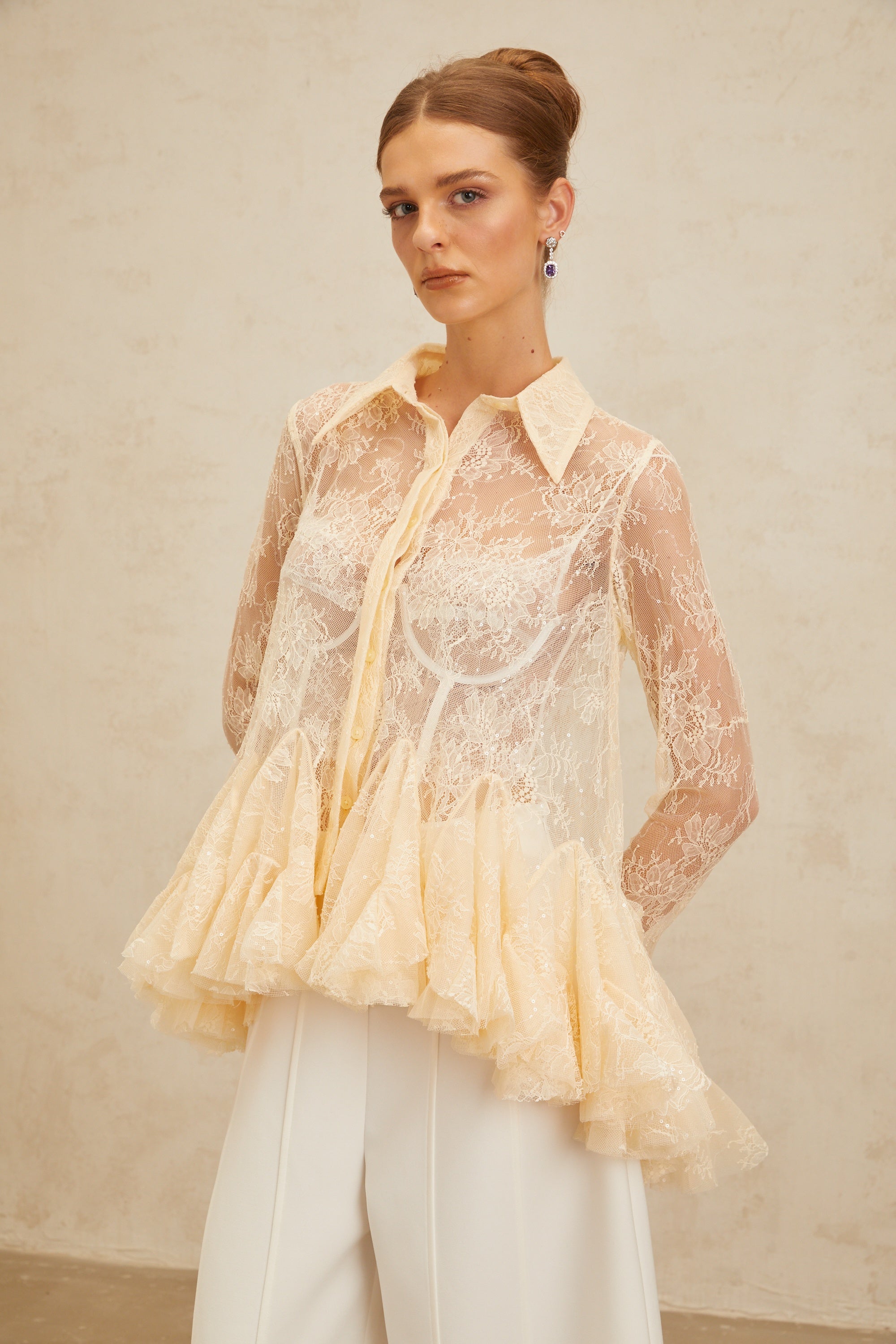 Ingrid Neutral Peplum Floral Lace Blouse