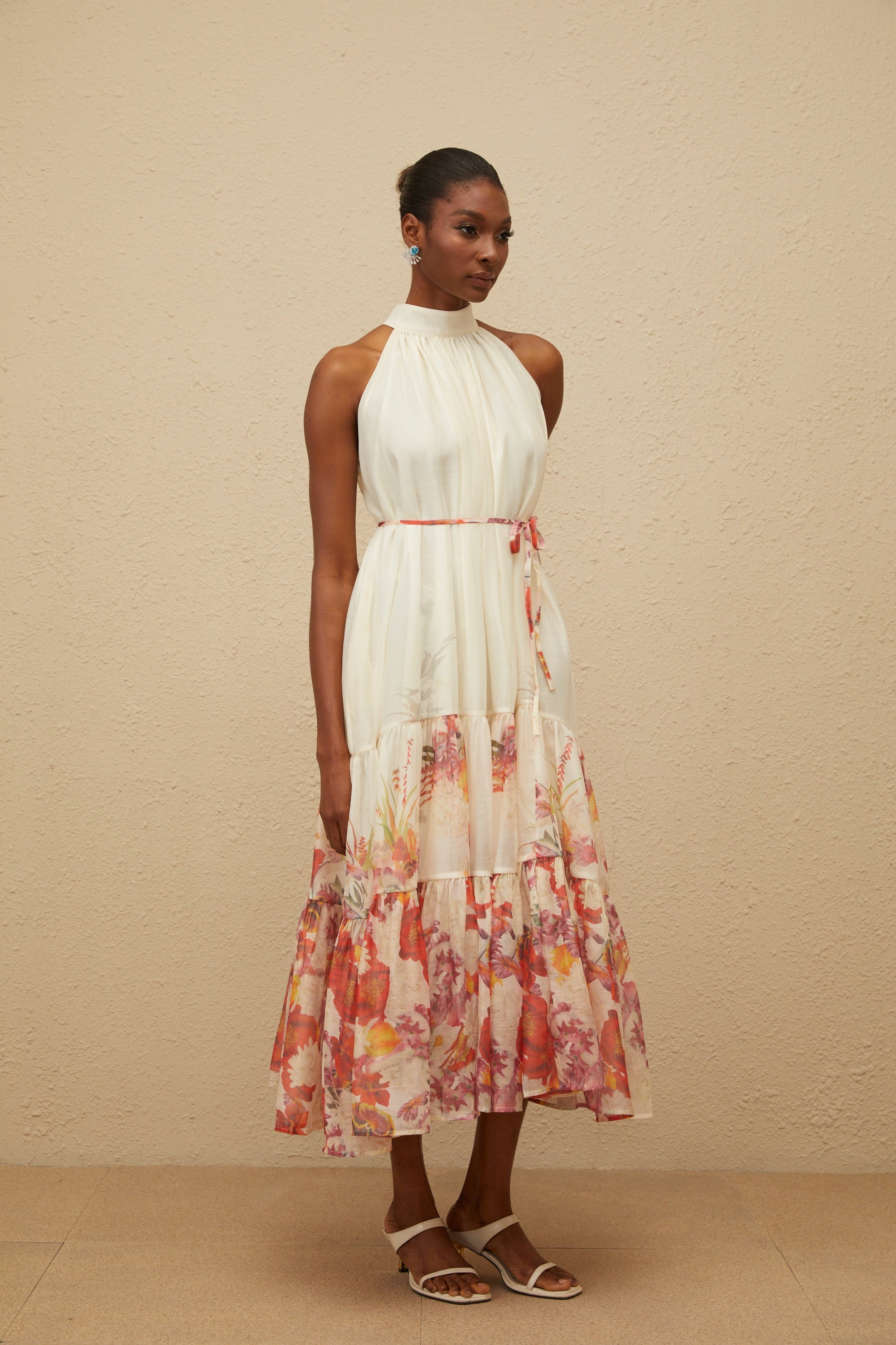 Fleur Neutral Shirred Floral Midi Dress (Final Sale-US Only)