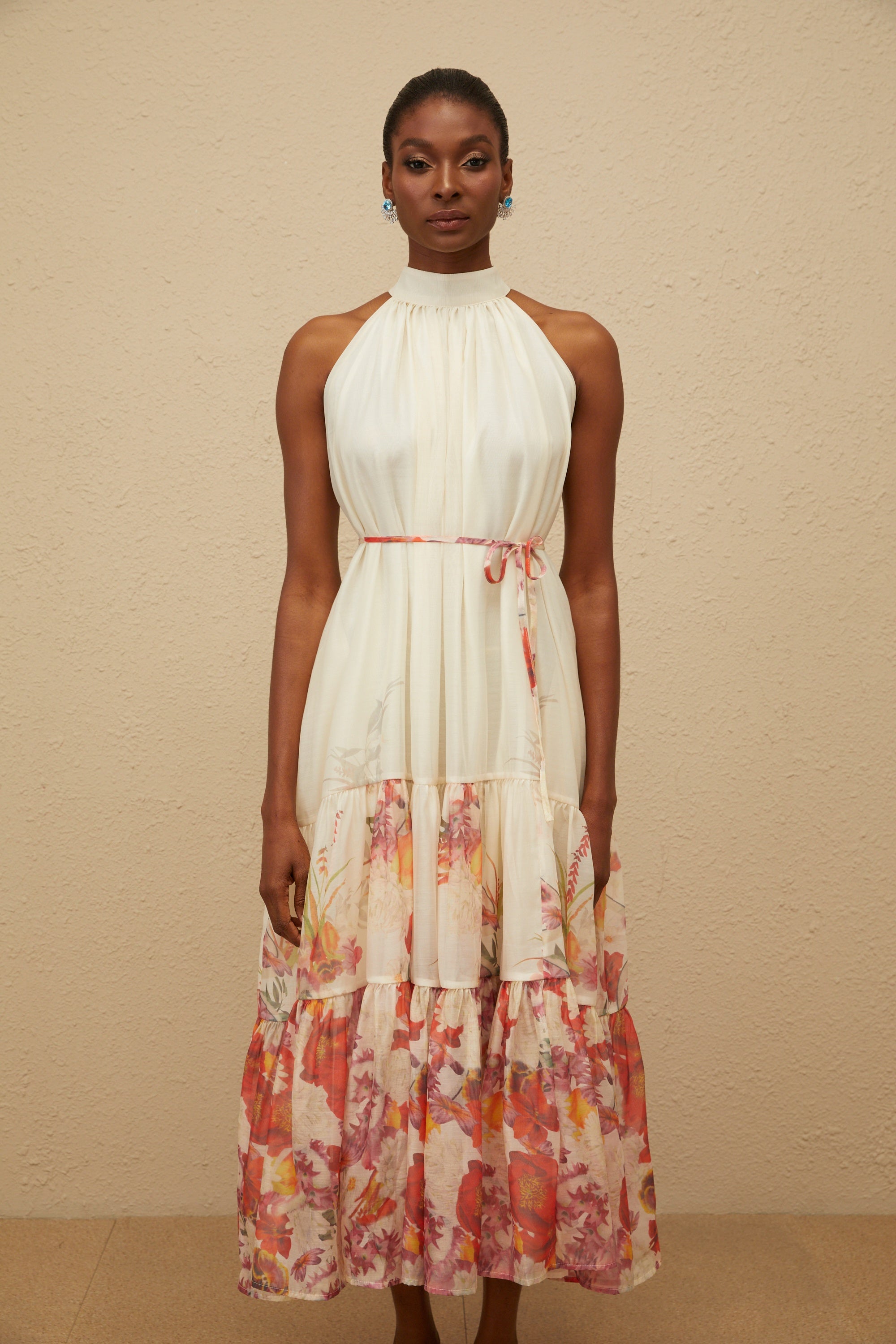 Fleur Neutral Shirred Floral Midi Dress (Final Sale-US Only)