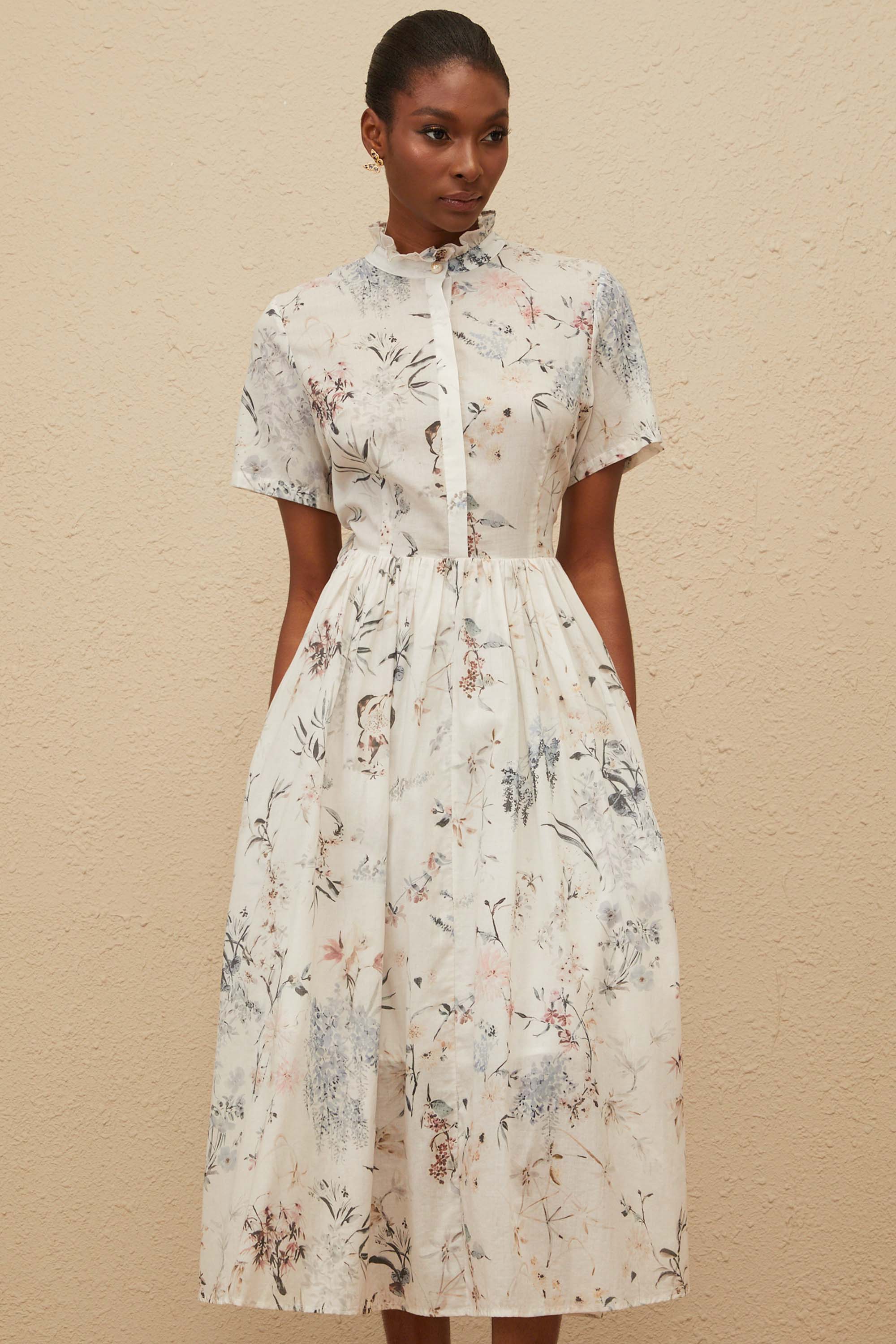 Héloïse White Floral Print Summer Midi Dress (Final Sale)