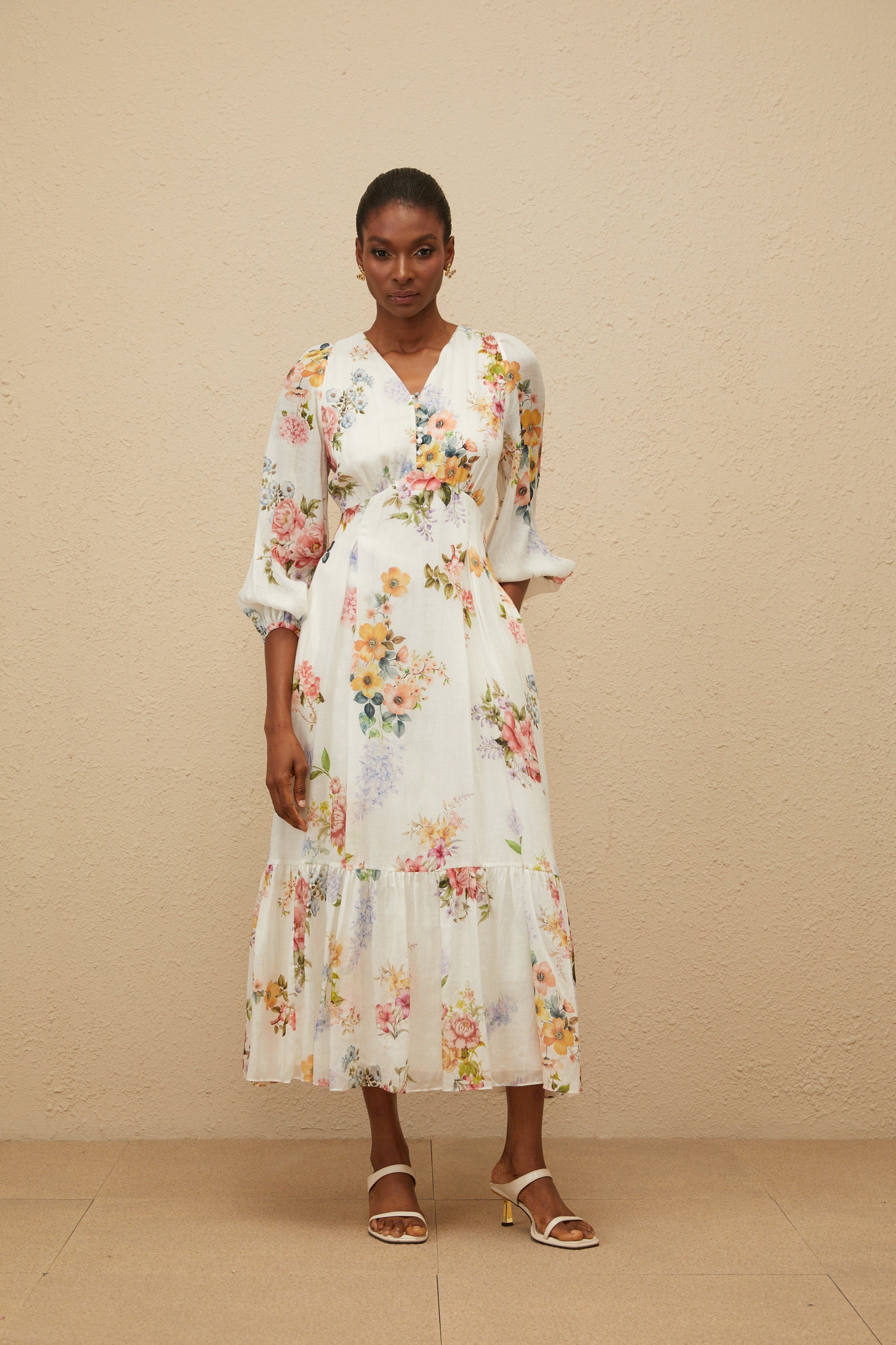 Noémie White Floral Print V-Neck Midi Dress (Final Sale)