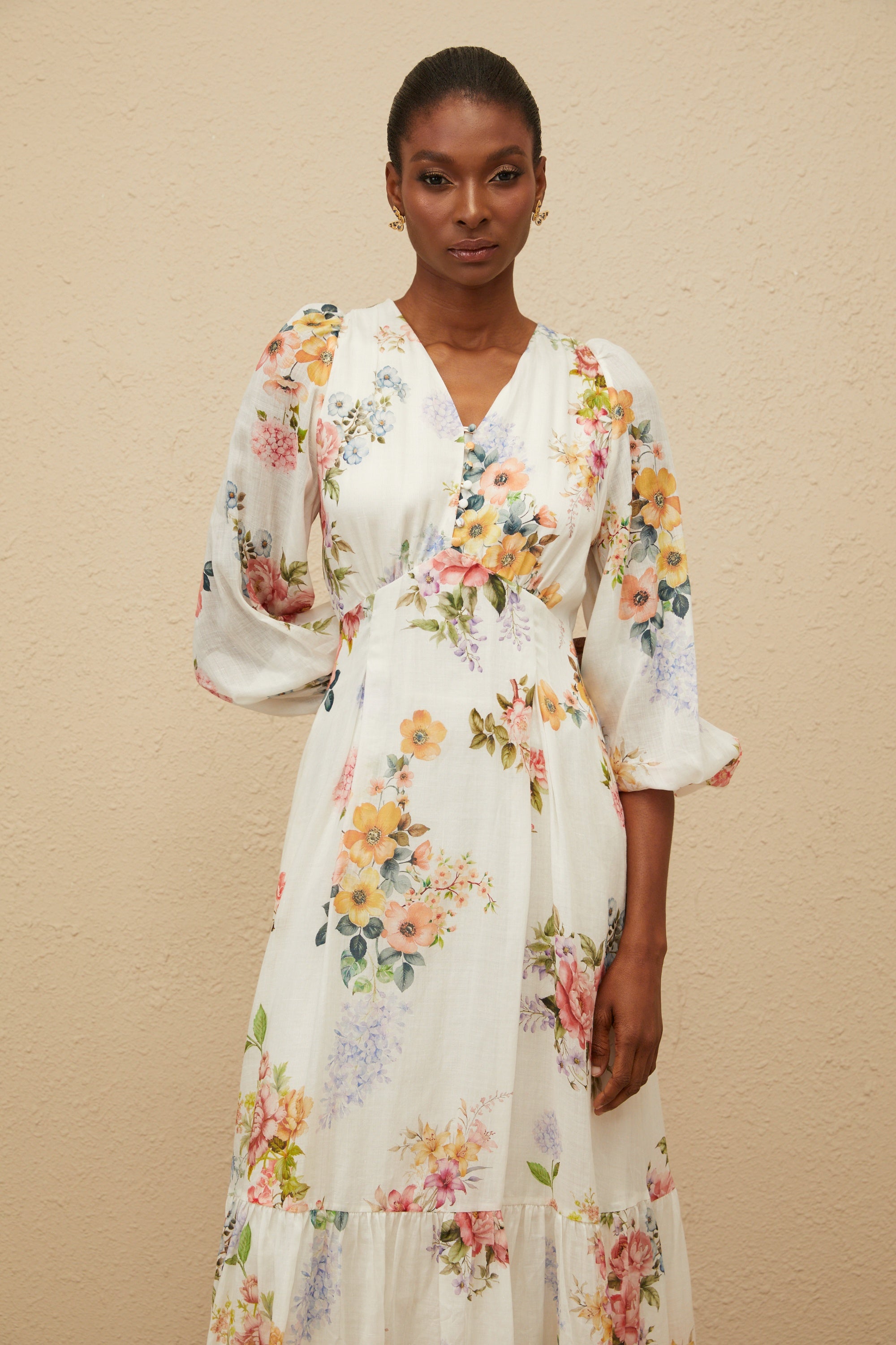 Noémie White Floral Print V-Neck Midi Dress (Final Sale)