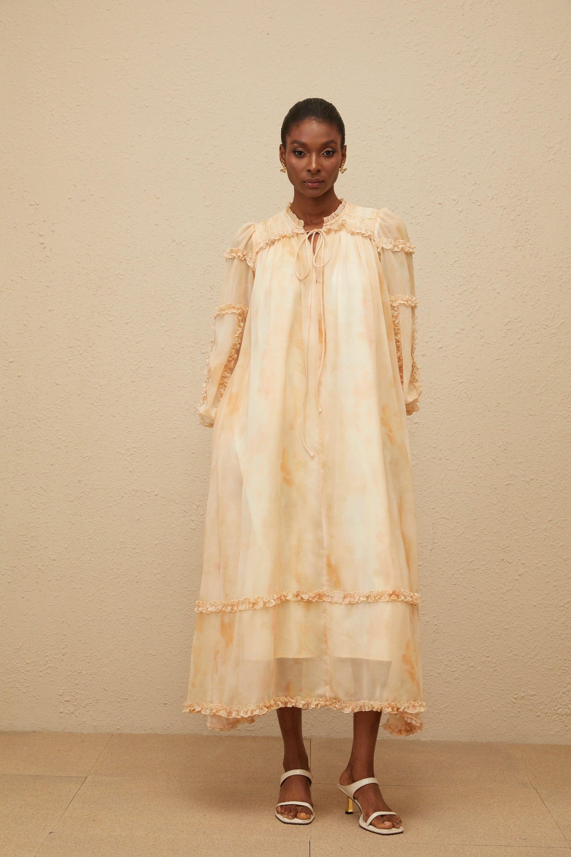 Lecollet Beige Ruffled Tie-Dye Midi Dress (Final Sale-US Only)