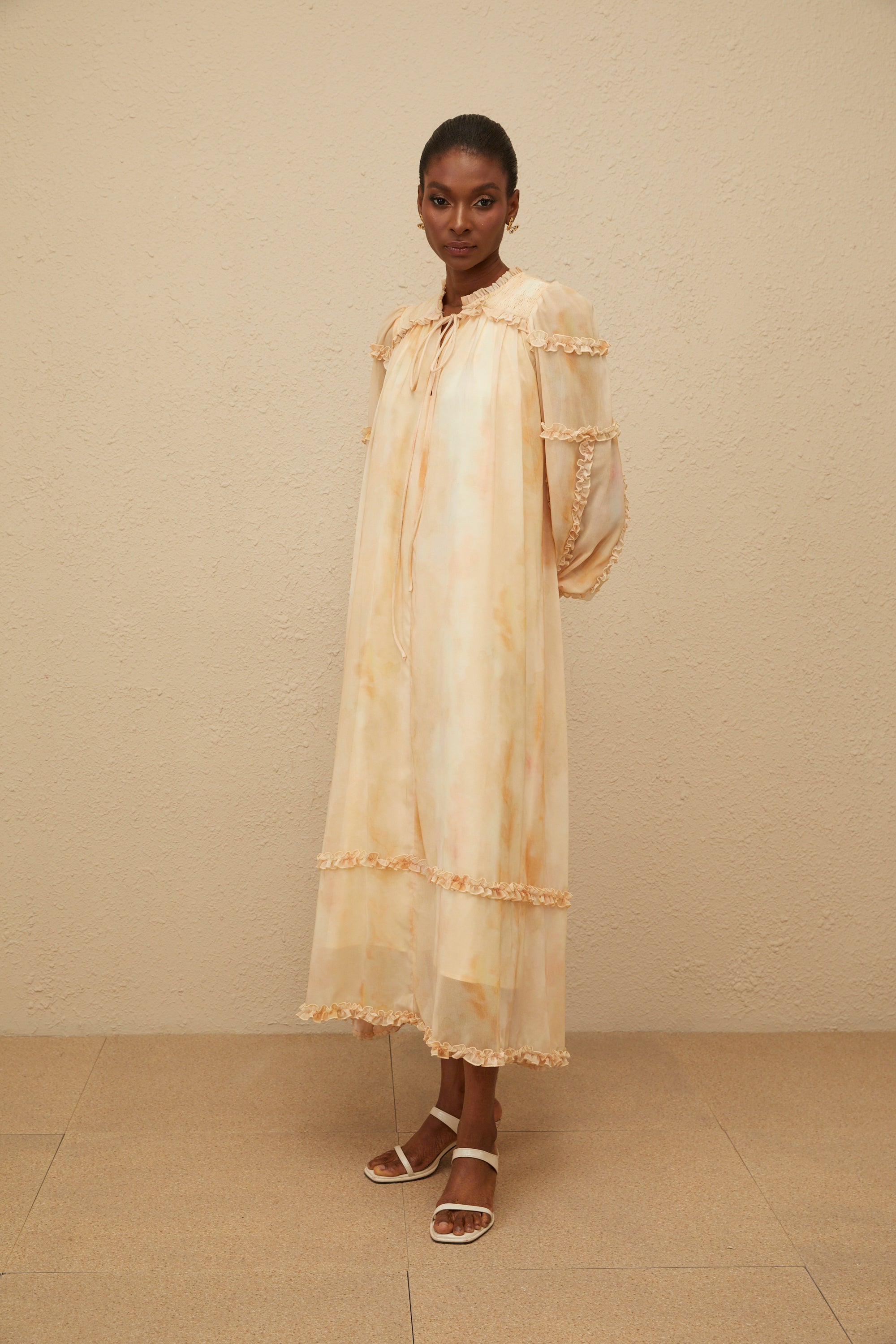 Lecollet Beige Ruffled Tie-Dye Midi Dress (Final Sale-US Only)