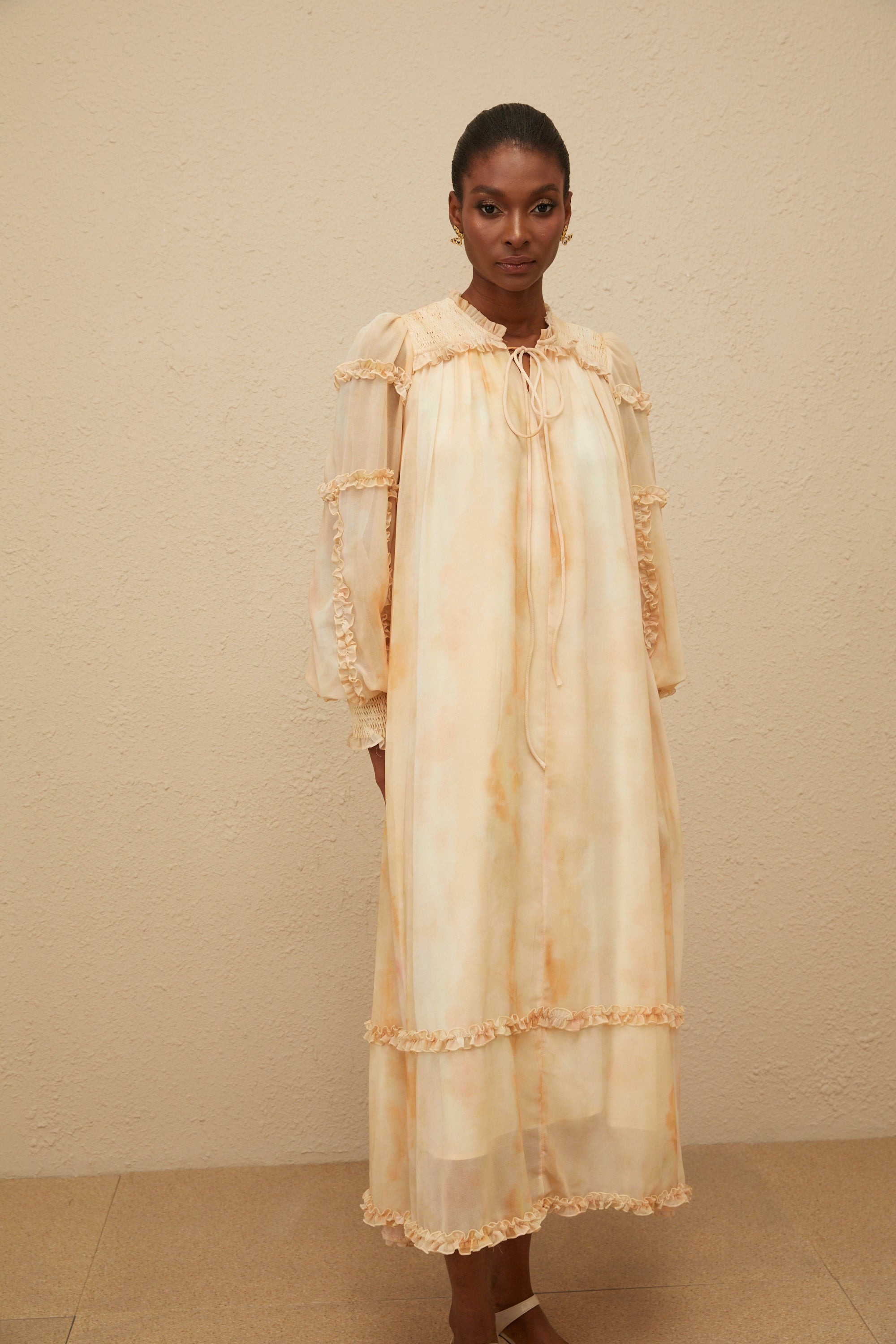 Lecollet Beige Ruffled Tie-Dye Midi Dress (Final Sale-US Only)