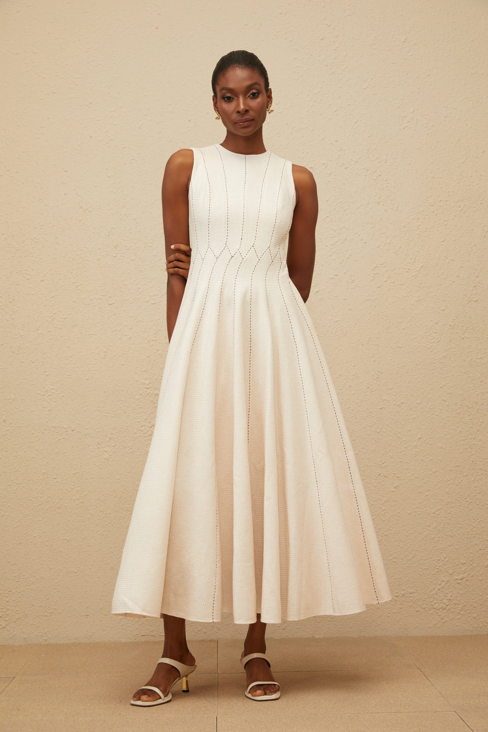 Délicatesse Neutral Shirred Textured Midi Dress (Final Sale-US Only)