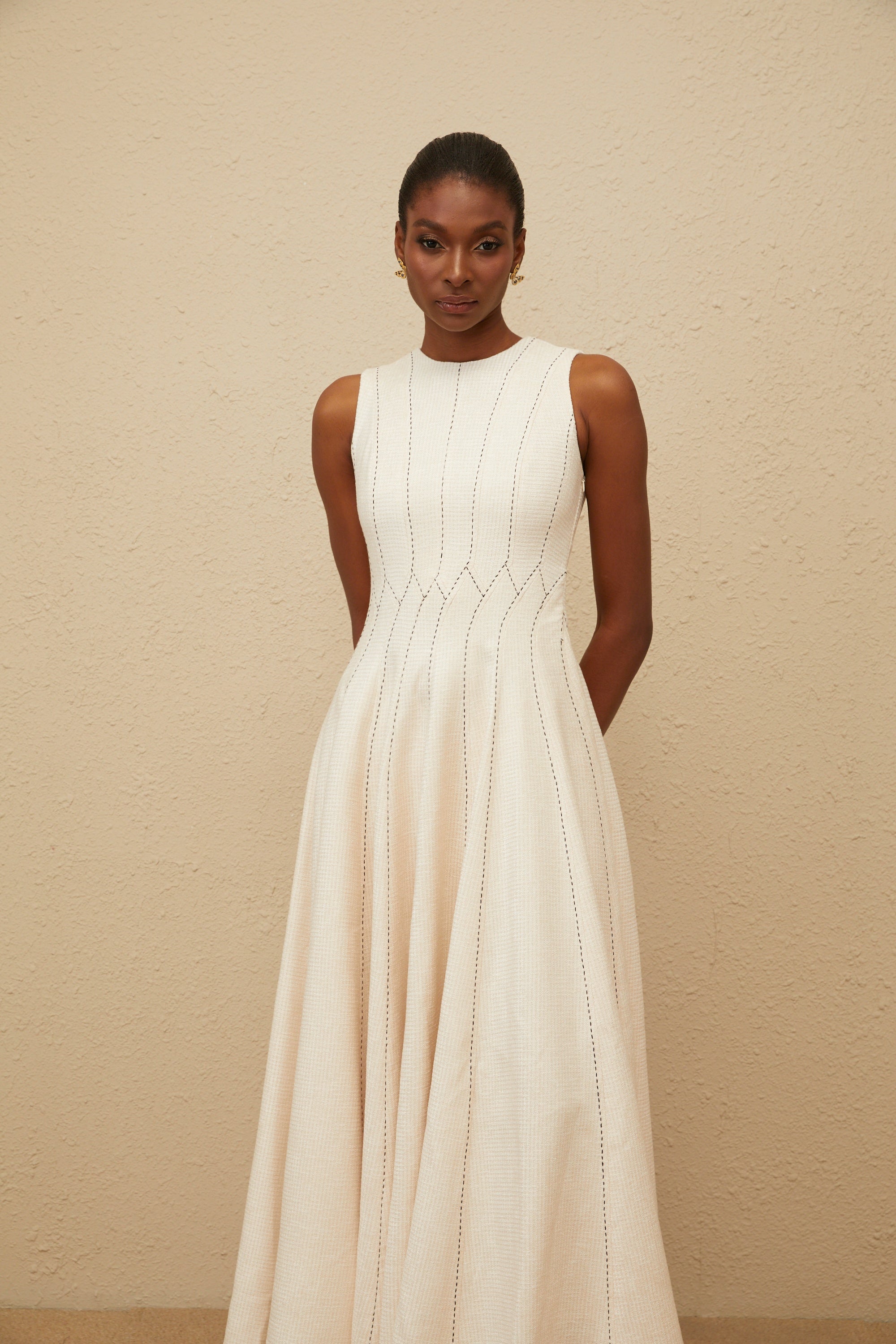 Délicatesse Neutral Shirred Textured Midi Dress (Final Sale-US Only)