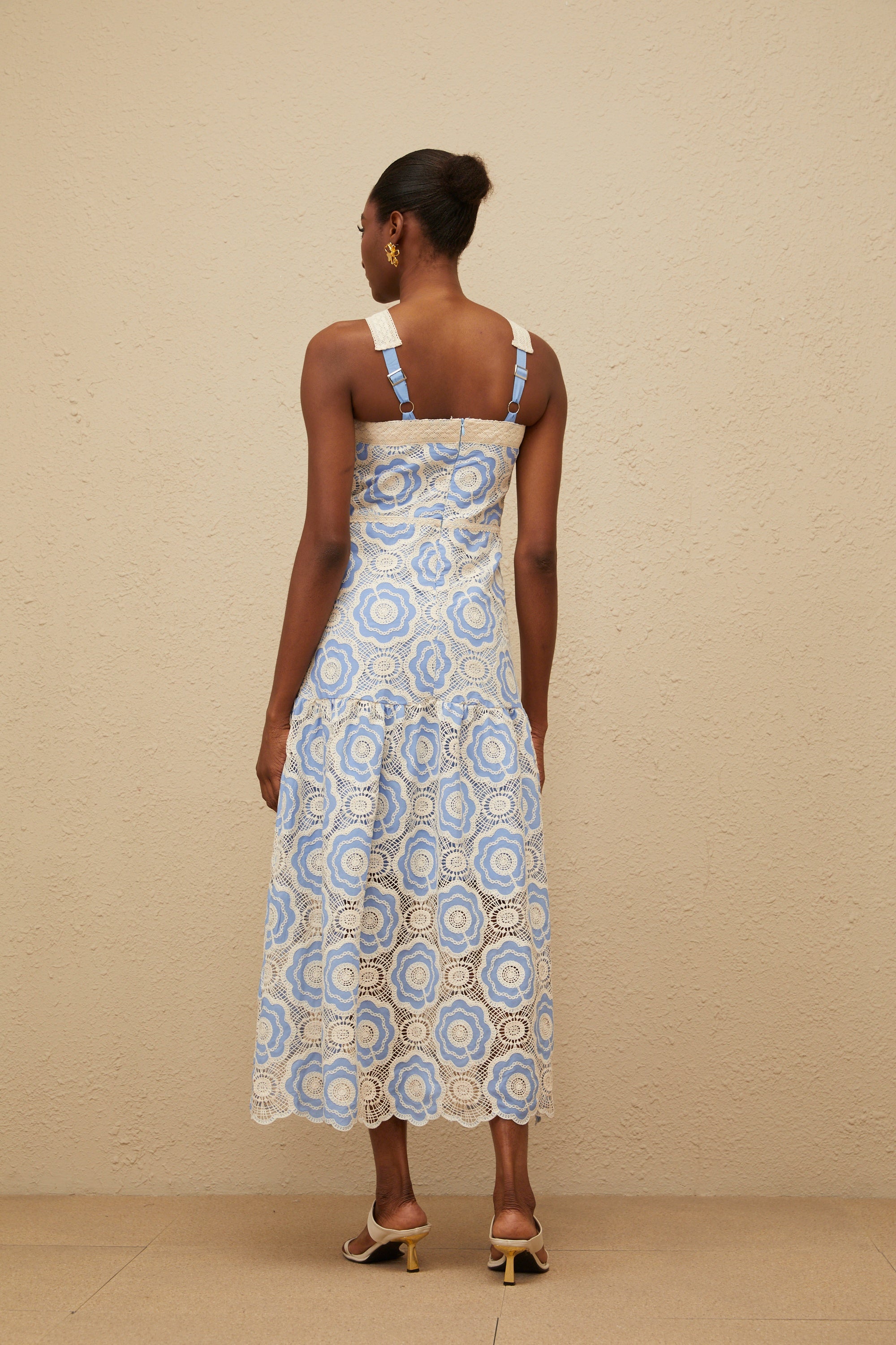 Frivole Blue Crochet Floral Midi Dress