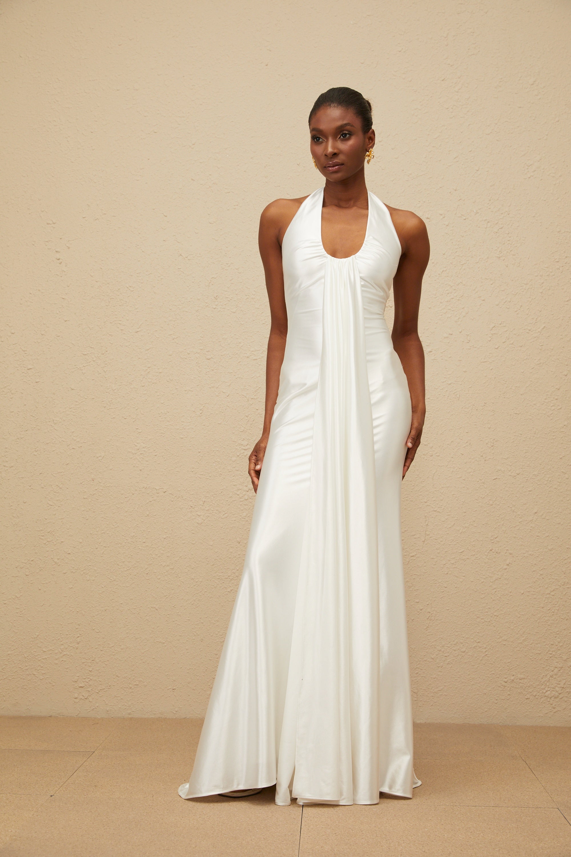 Céleste White Ruched Satin Maxi Dress (Final Sale-US Only)