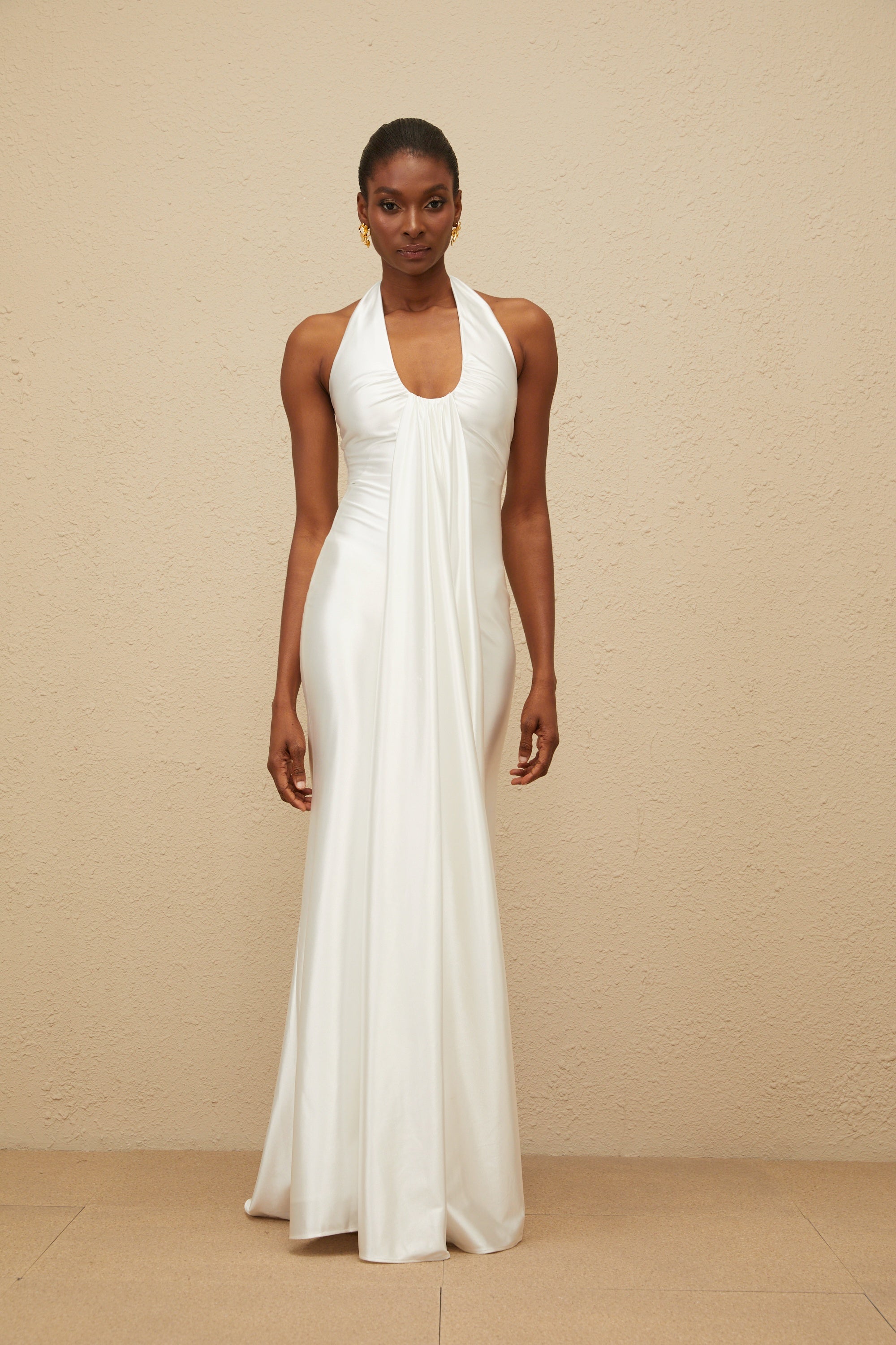 Céleste White Ruched Satin Maxi Dress (Final Sale-US Only)