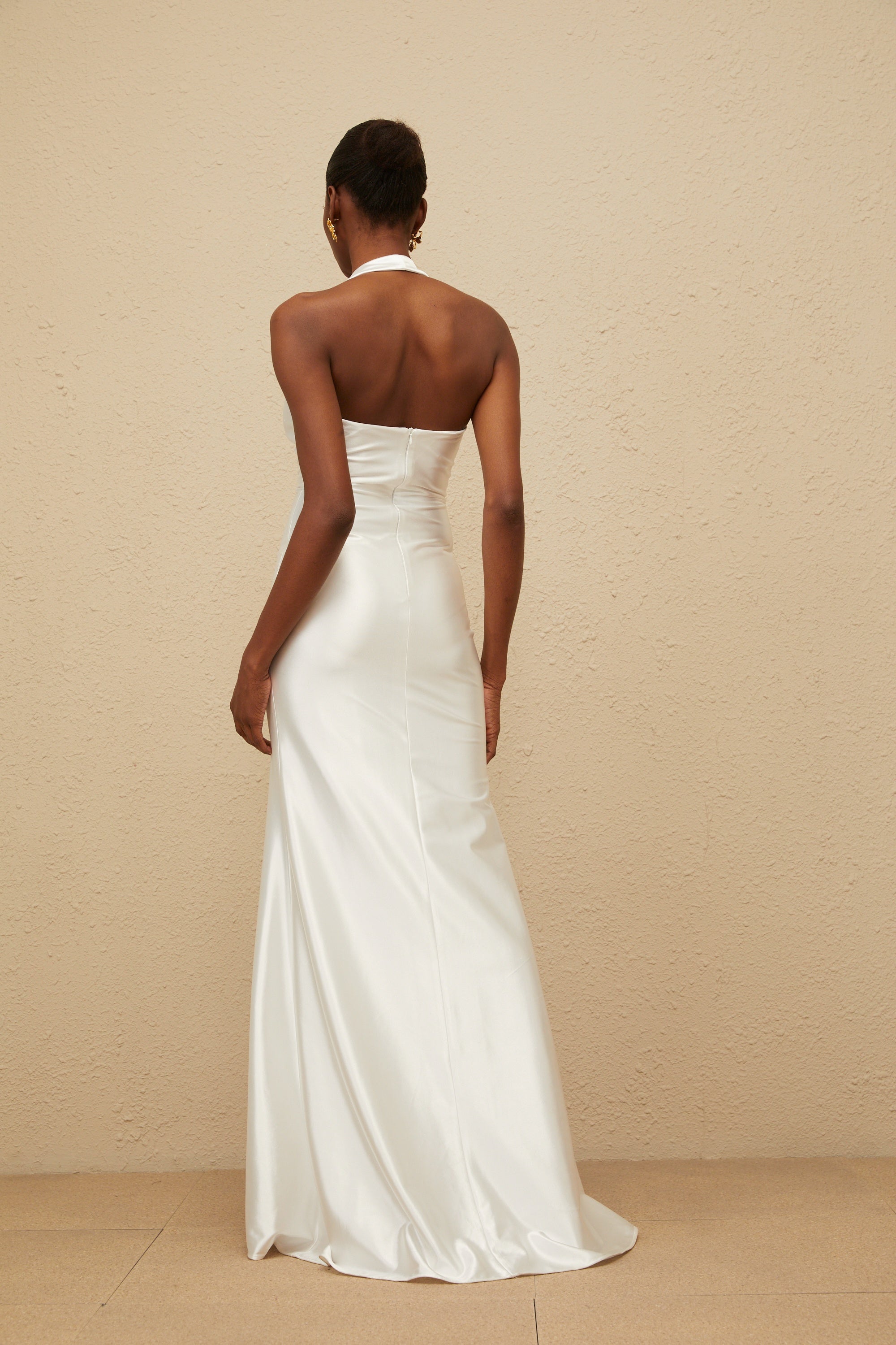 Céleste White Ruched Satin Maxi Dress (Final Sale-US Only)