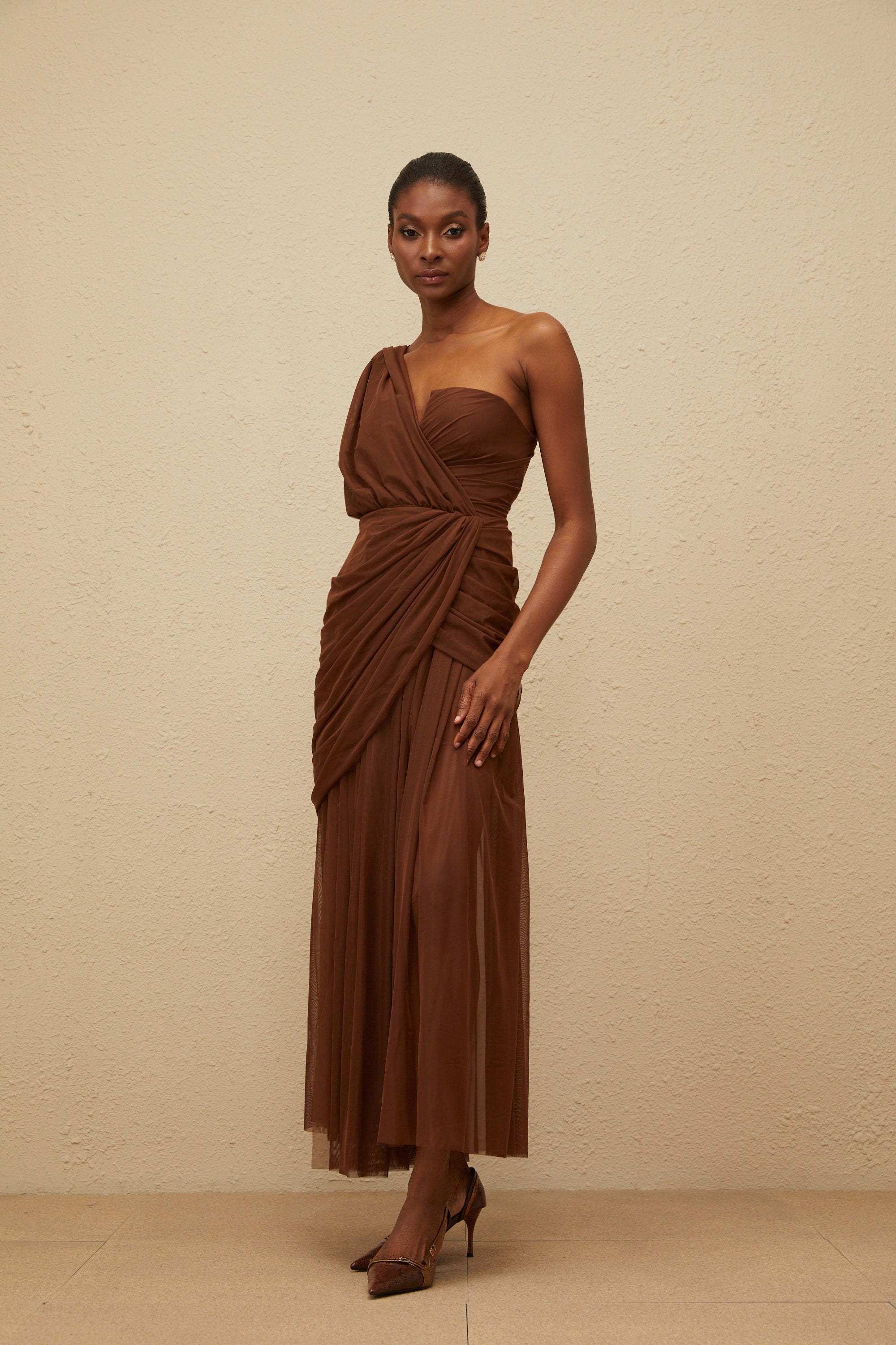 Agathe Brown Asymmetrical Evening Maxi Gown (Final Sale-US Only)