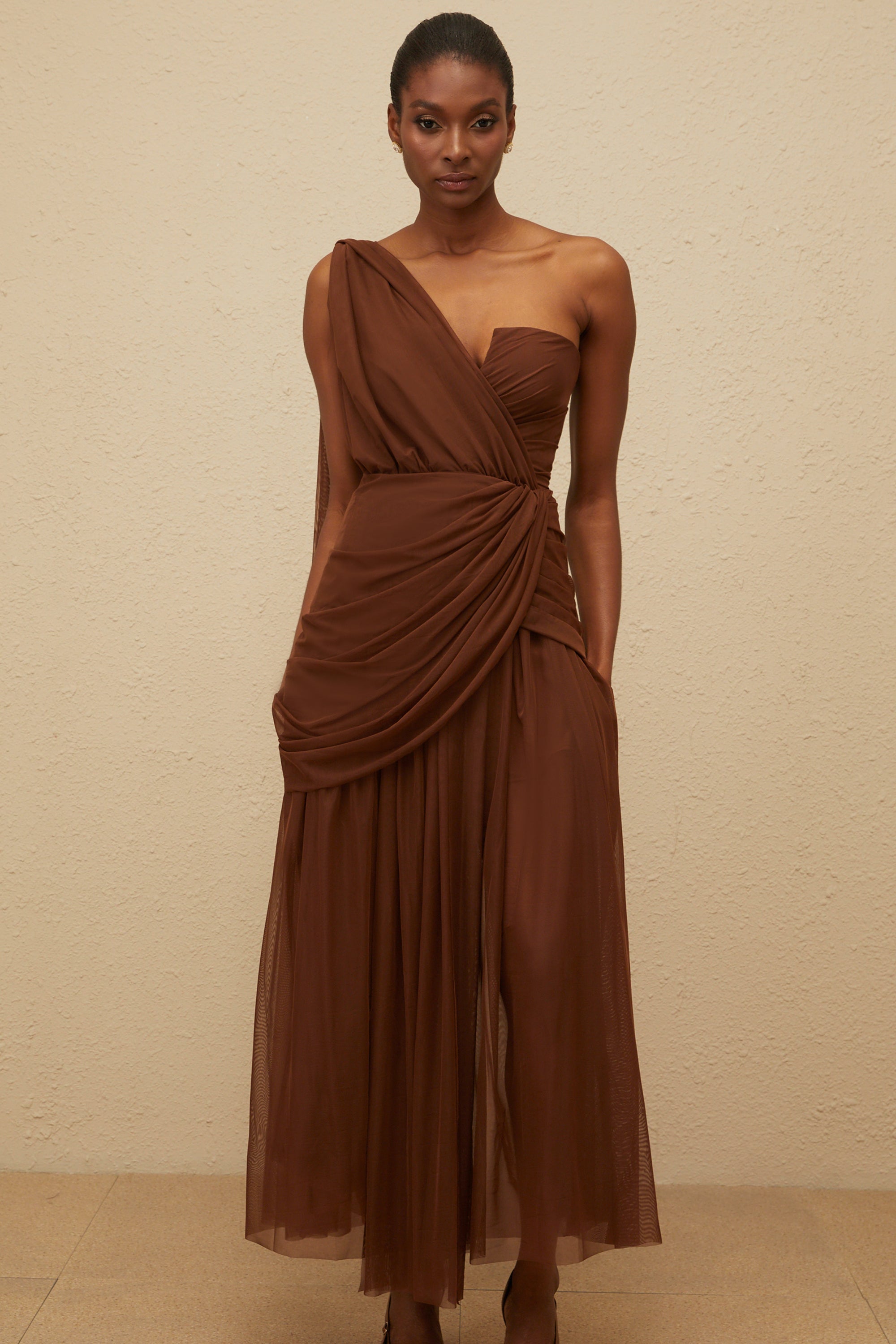 Agathe Brown Asymmetrical Evening Maxi Gown (Final Sale-US Only)