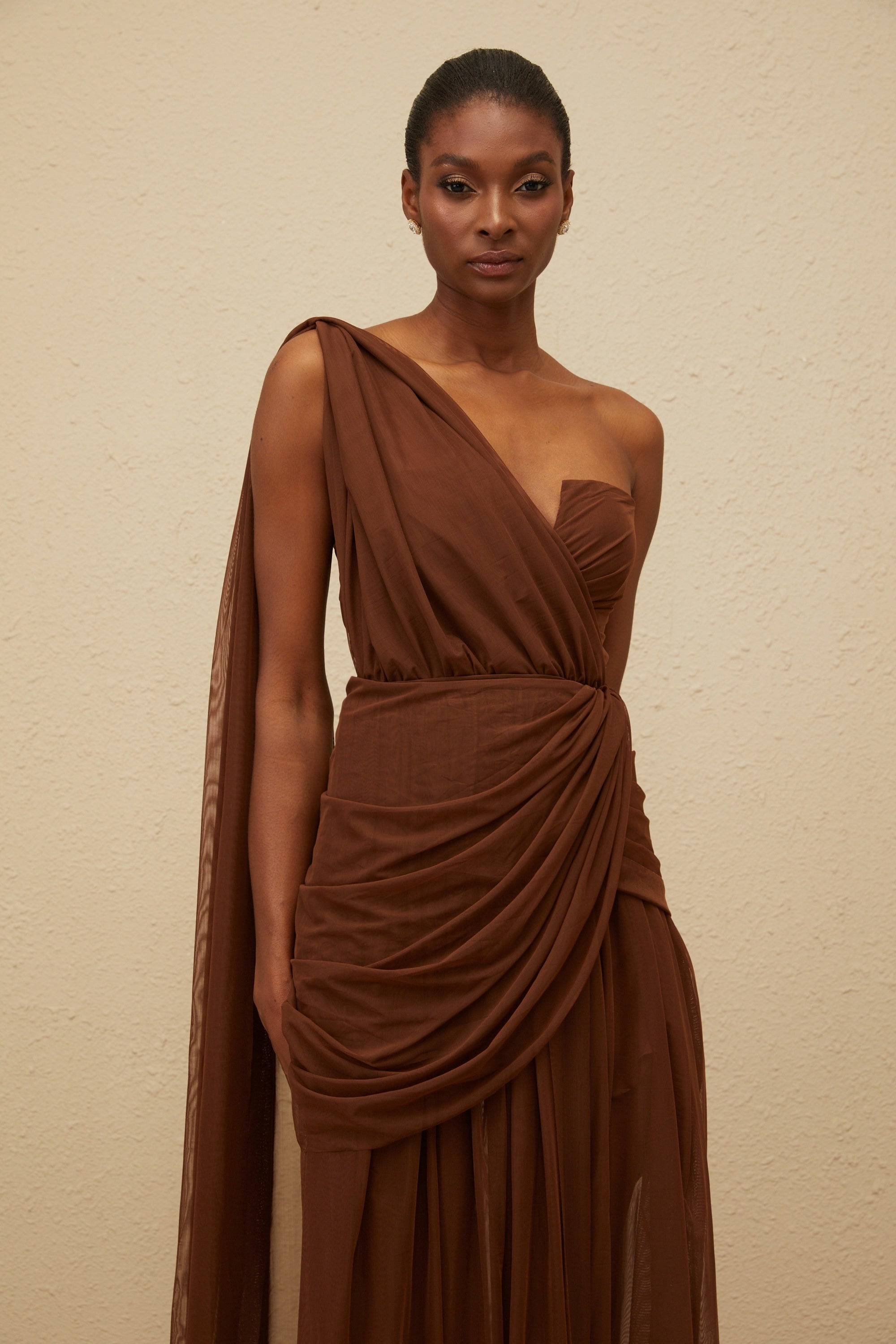 Agathe Brown Asymmetrical Evening Maxi Gown (Final Sale-US Only)