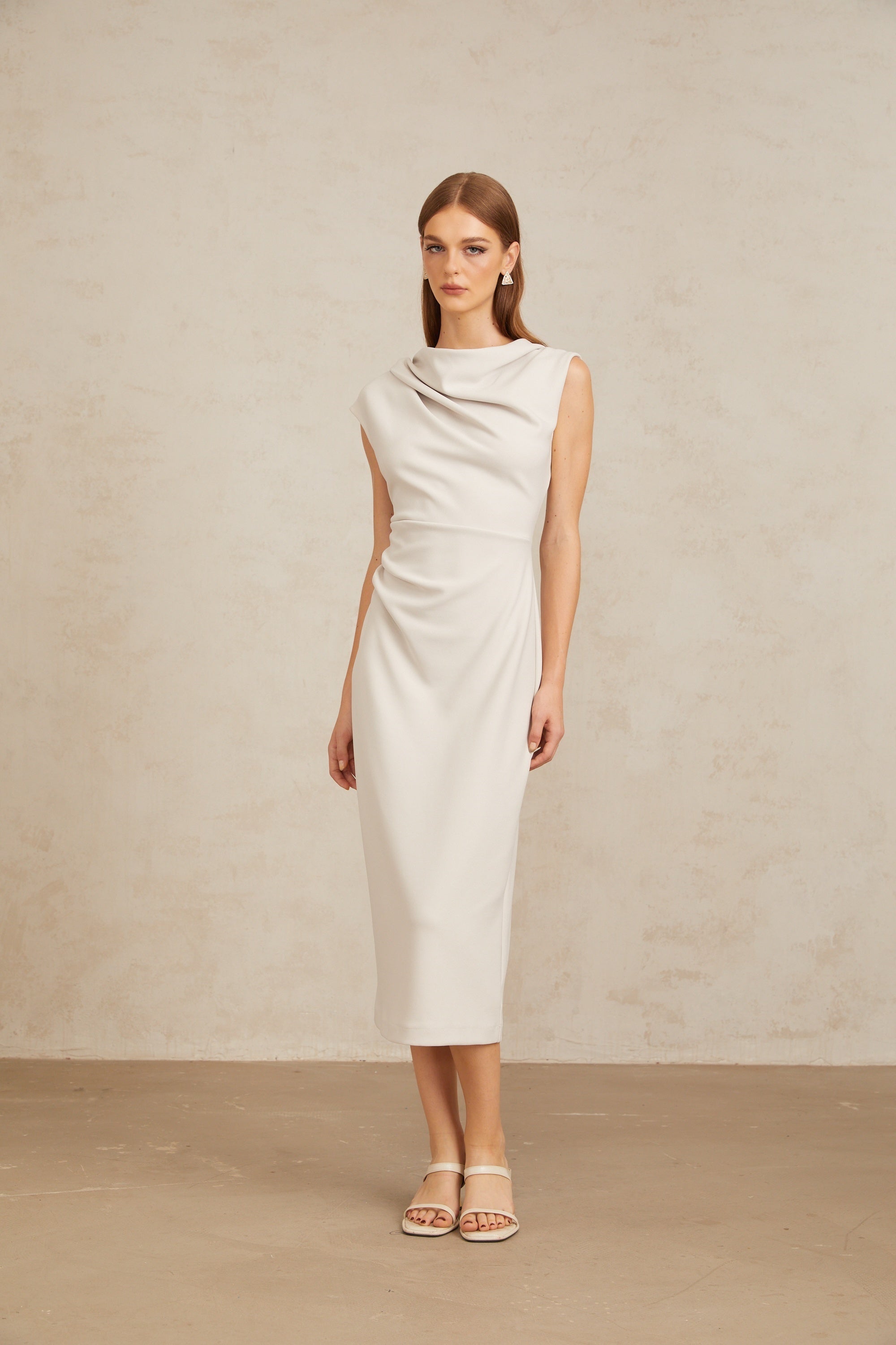 Jeanne Grey Ruched Pencil Midi Dress (Final Sale-US Only)
