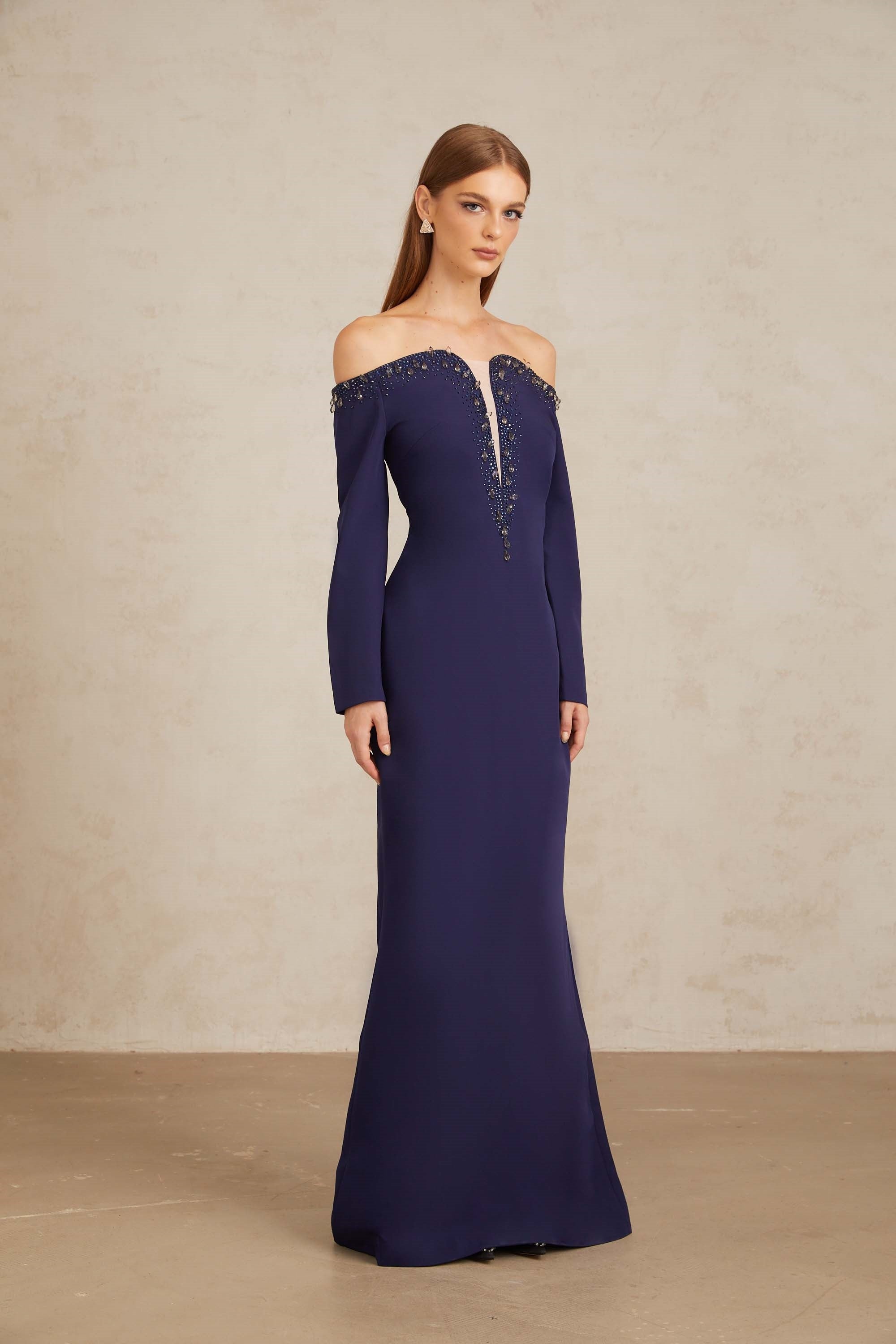 Joyanna Blue Off-Shoulder Embellished Gown (Final Sale-US Only)