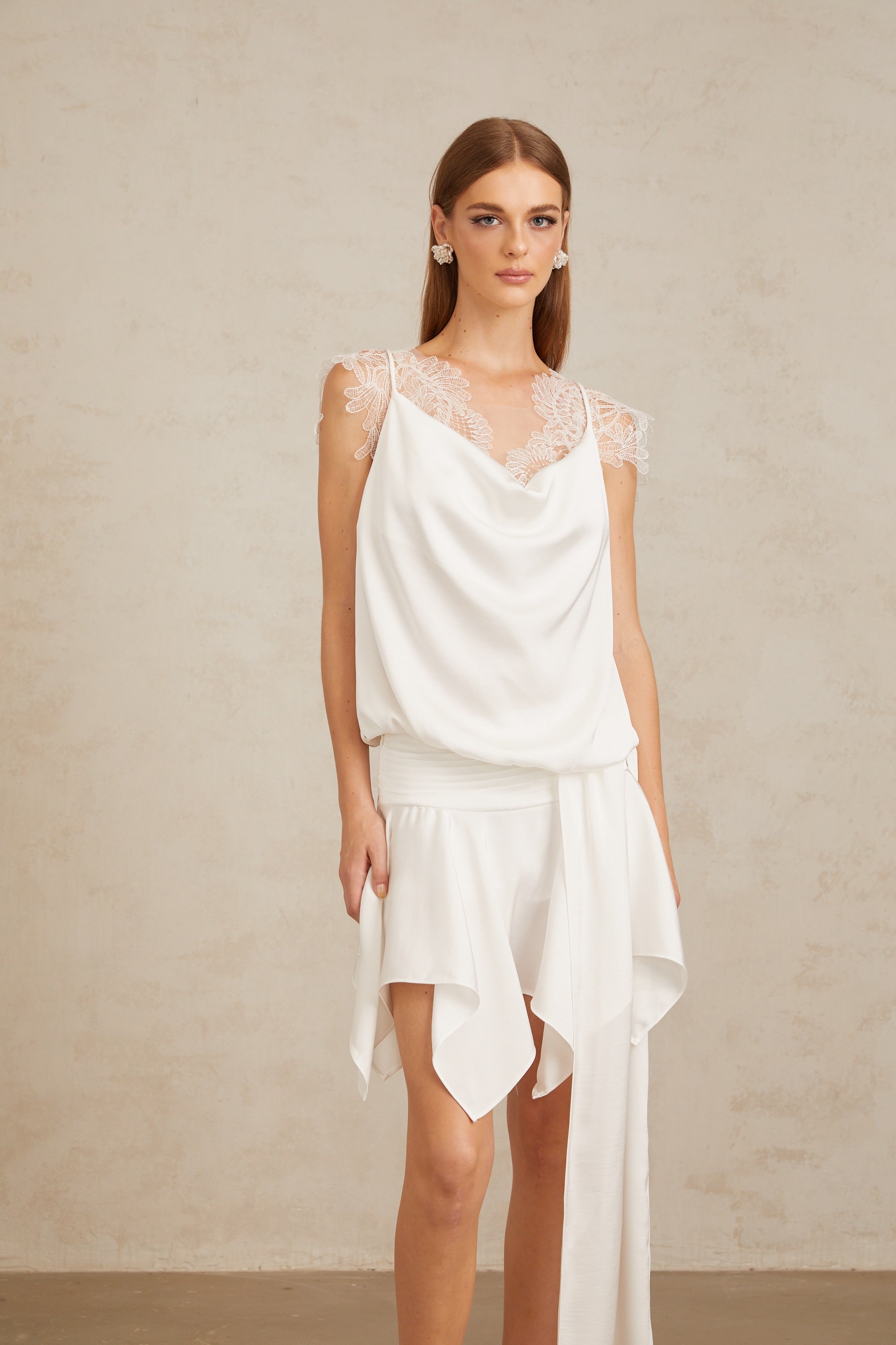 Thérèse White Draped Lace Panel Mini Dress (Final Sale-US Only)