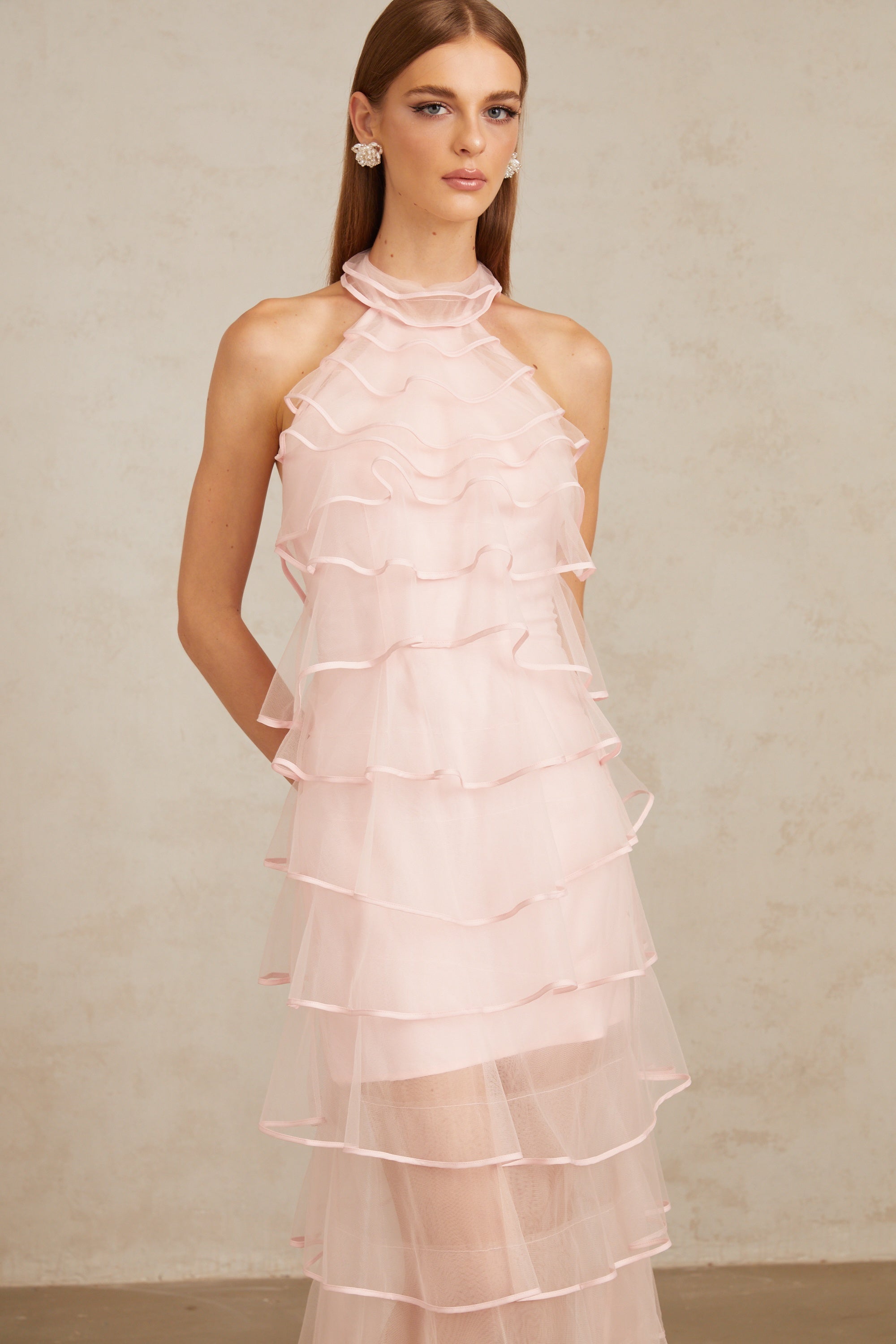 Nonchalante Pink Tiered Halterneck Maxi Dress (Final Sale)